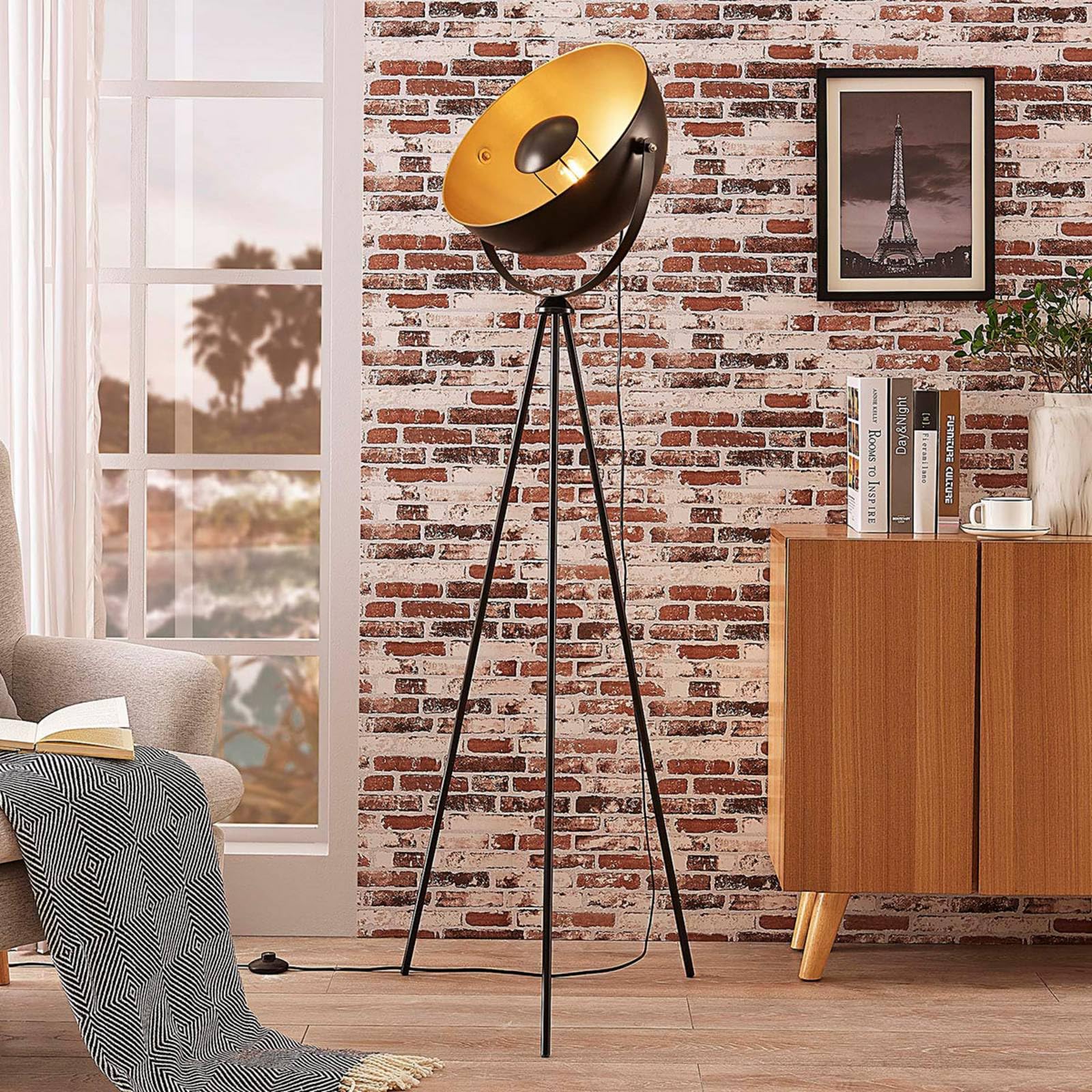 Lindby Lampadaire Trepied Meline (Moderne) en Noir Métal e. a. pour Salon & Salle à manger (1 lampe,à E27), Sur Pied Lampe a de Sol