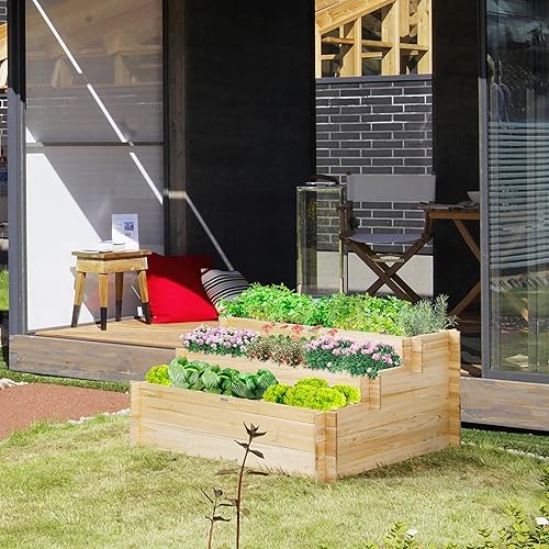 Miniatura 2 de Outsunny Cama de jardín elevada de 3 niveles con 9 rejillas de cultivo y forro de cama, kit de maceta de madera elevada, caja de flores para