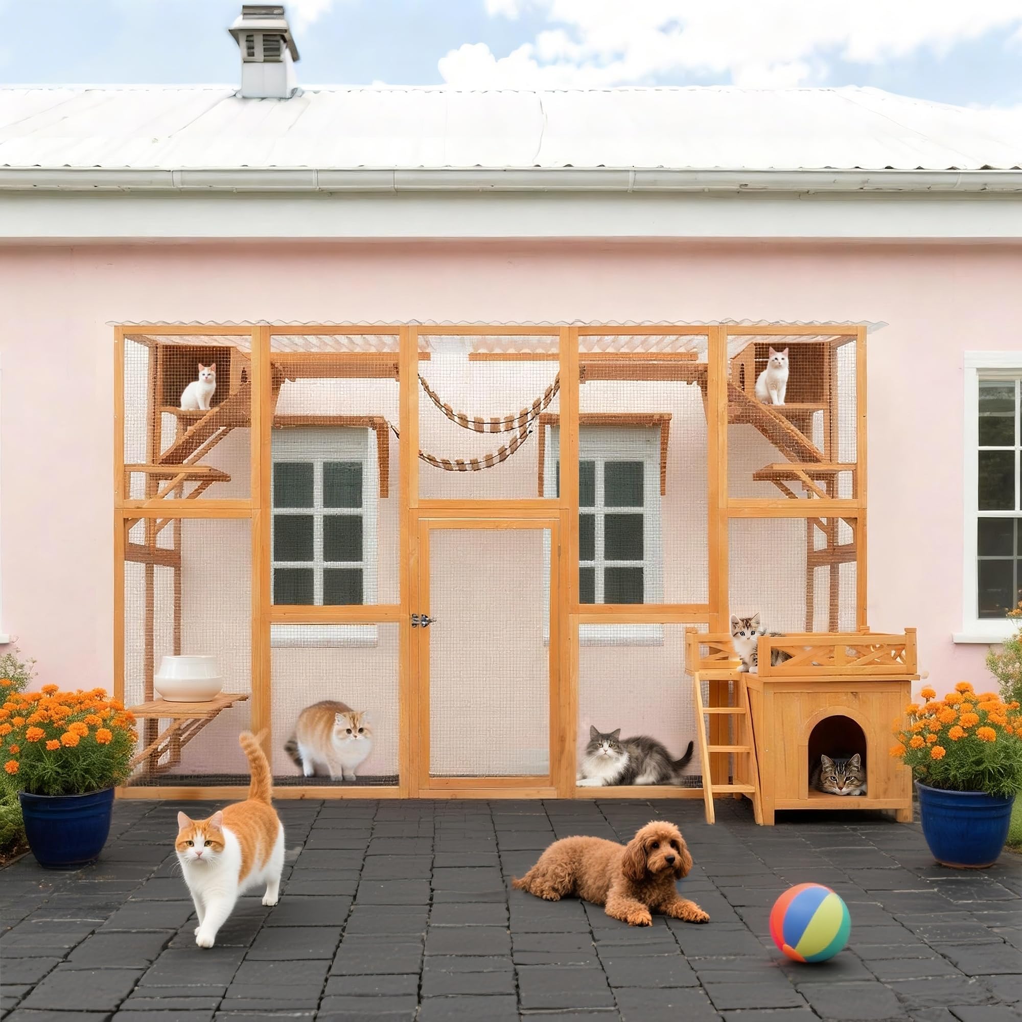 Merax 118 Inch Wooden Catio Outdoor Cat Enclosure,Large Luxury Kitty-House with 6 Jumping Platforms, 2 Bridges & Transparent PVC Roof, Kitty Kennel Condo Shelters and a Napping House, Natural