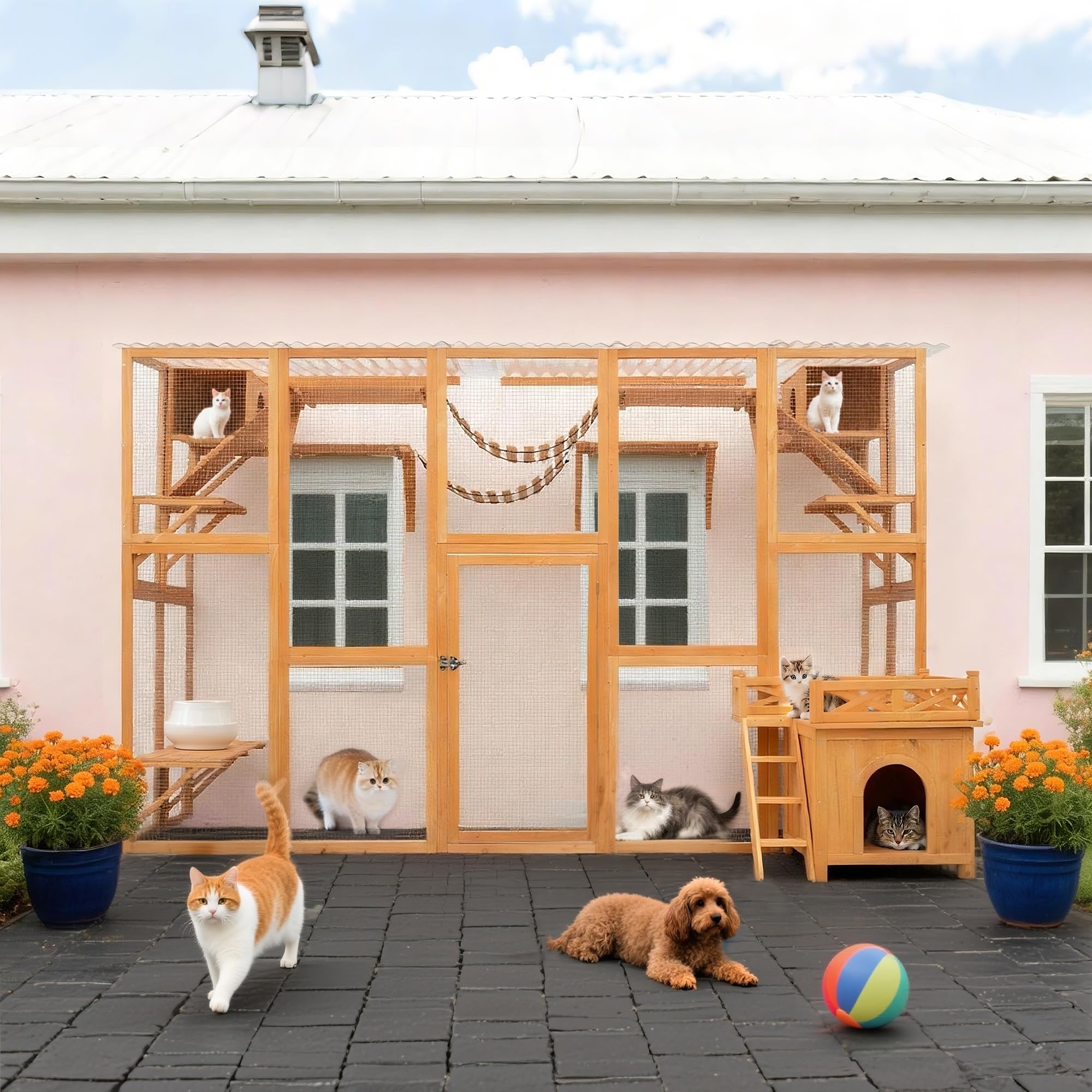 Merax 118 Inch Wooden Catio Outdoor Cat Enclosure,Large Luxury Kitty-House with 6 Jumping Platforms, 2 Bridges & Transparent PVC Roof, Kitty Kennel Condo Shelters and a Napping House, Natural