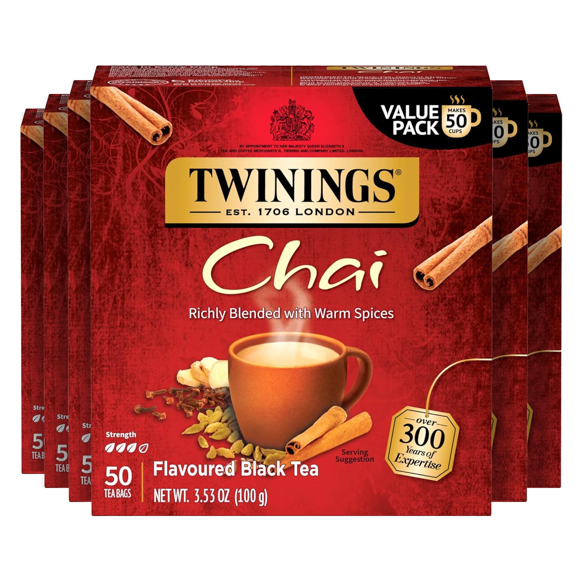 Twinings Chai Black Tea Individually Wrapped Bags, 50 Count (Pack of 6), Sweet, Savoury Spices, Caffeinated, Enjoy Hot or Iced, 300 Teabags Chai 50 Count (Pack of 6)