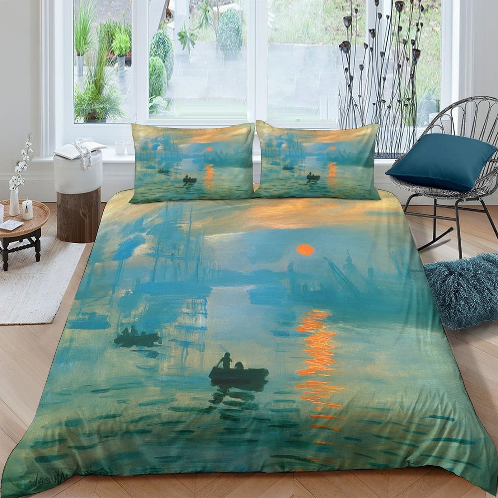 Ctjqhvkz Style-3 3D Printed Impression Sunrise Fitted Sheet Microfiber Orange Blue Lake Bed Cover For Bedroom Guest Room Decor Single（135X200cm）