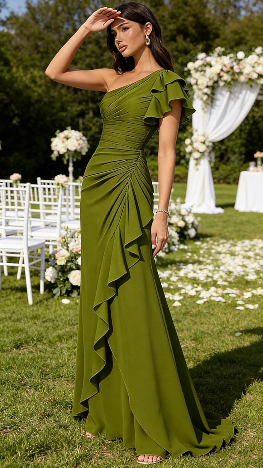 Long Chiffon One Shoulder Wedding Guest Dress Corset Ruffle Bridesmaid Dresses for Women