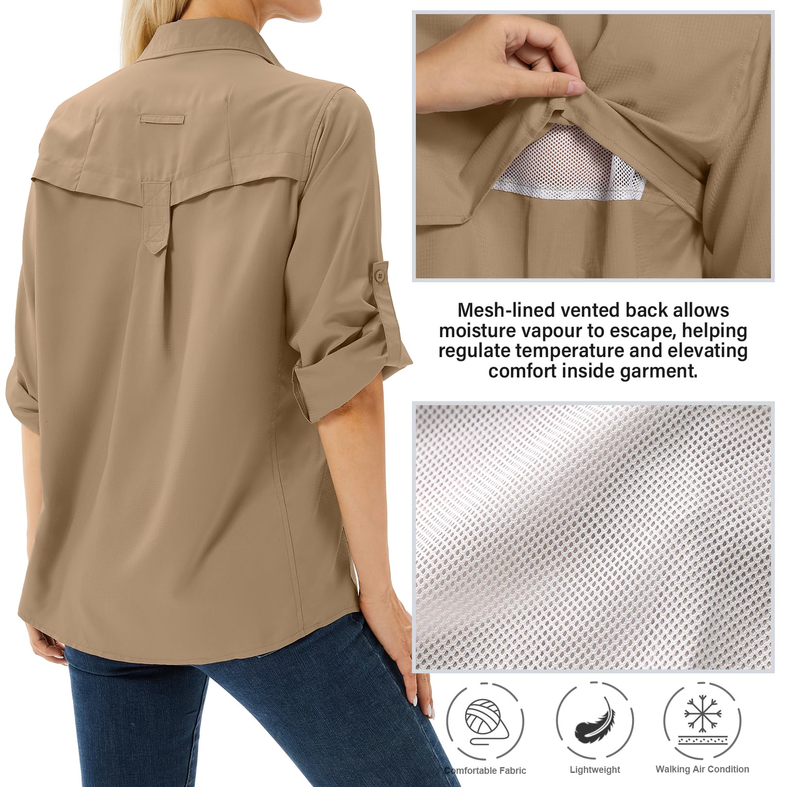 Toumett LSF 50 Damen-Safari-Shirt, langärmelig, UV-Schutz, schnell trocknend, Angeln, Wandern, Reisen