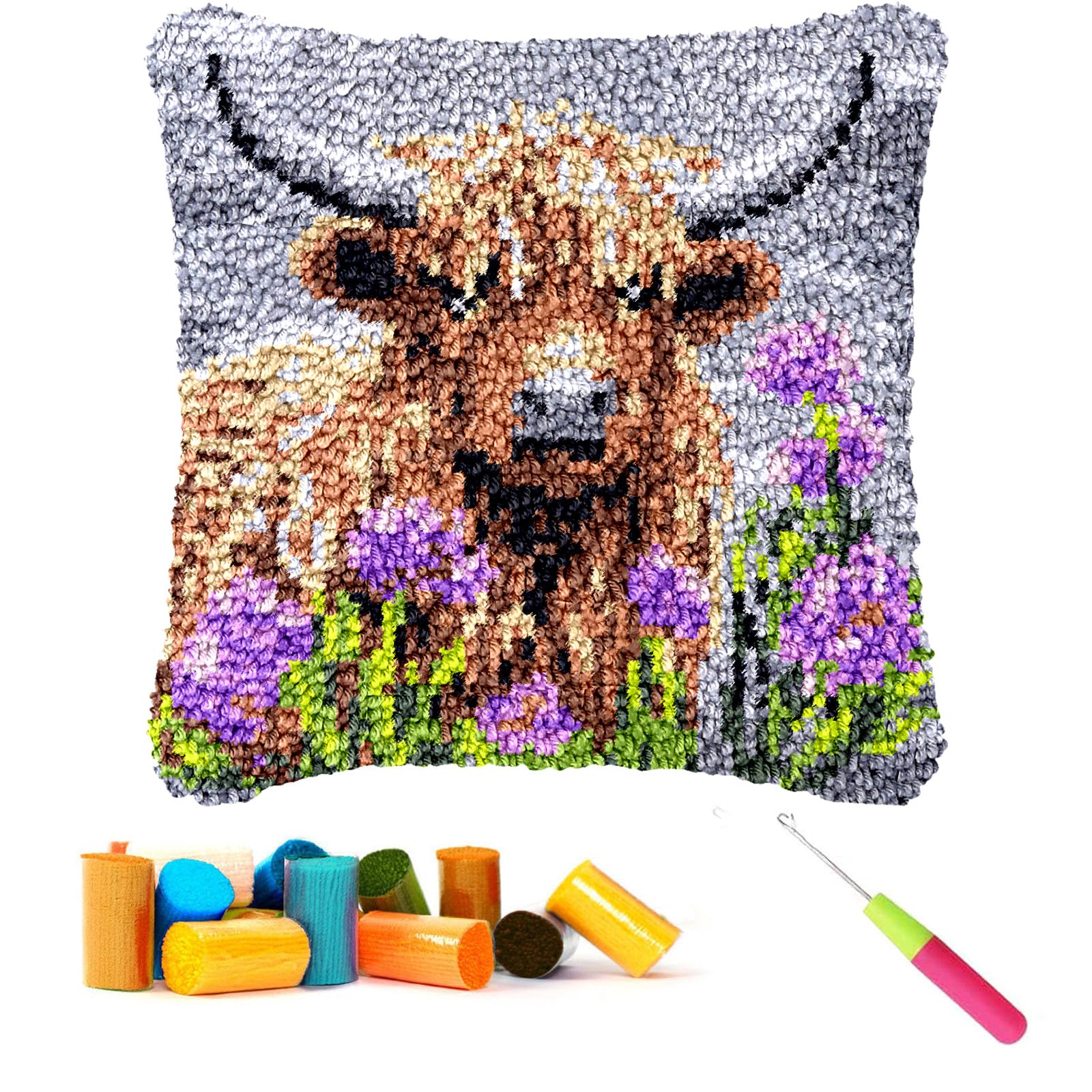 CCWROAN Highland Cow Cushion Covers Craft Kits Animal Latch Hook Kits for Adults Beginners Kids Making Crochet Pre Printed Canvas Wool Yarn Hobbies DIY Sofa Home Decor Women Gift 4