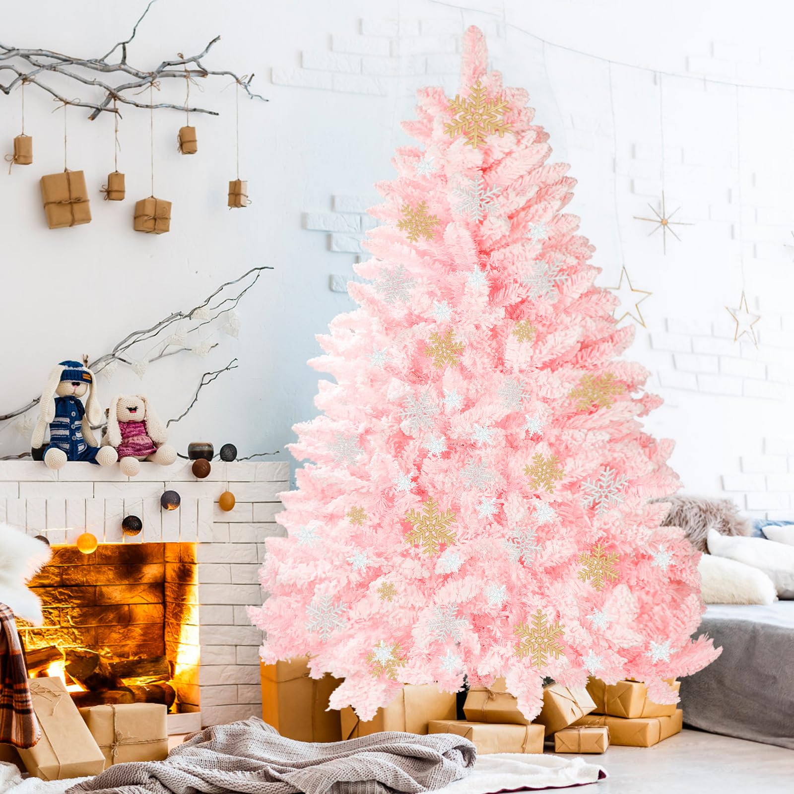 suncrown 6ft artificial flocked christmas tree premium frosted snow christmas tree hinged xmas tree holiday decor for indoor outdoor, foldable metal stand, 1000 branch tips, pink