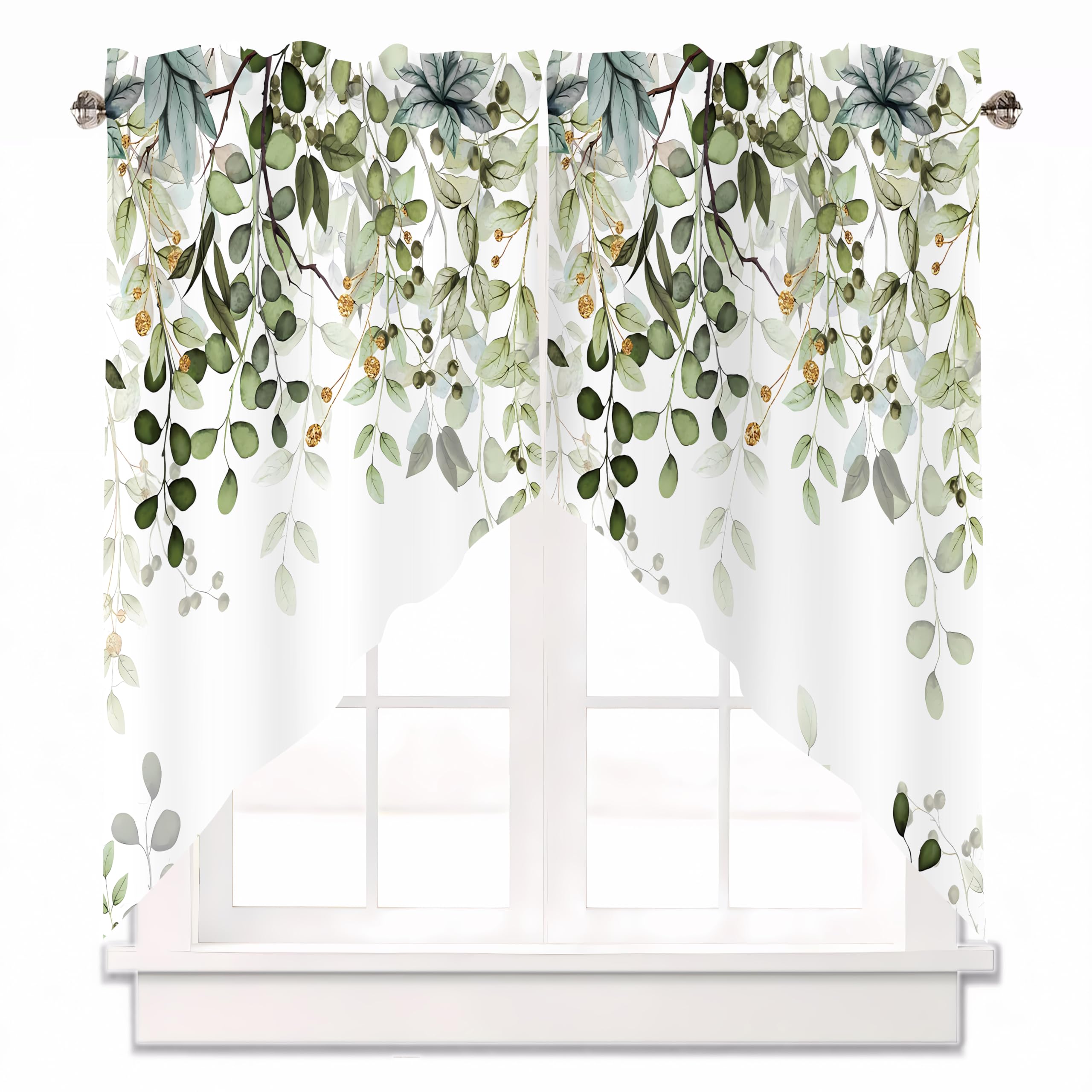 AYTTBIS Sage Green Eucalyptus Swag Curtain Valance for Windows,Watercolor Leaves Window Treatments Short Swag Topper for Kitchen Windows Bathroom