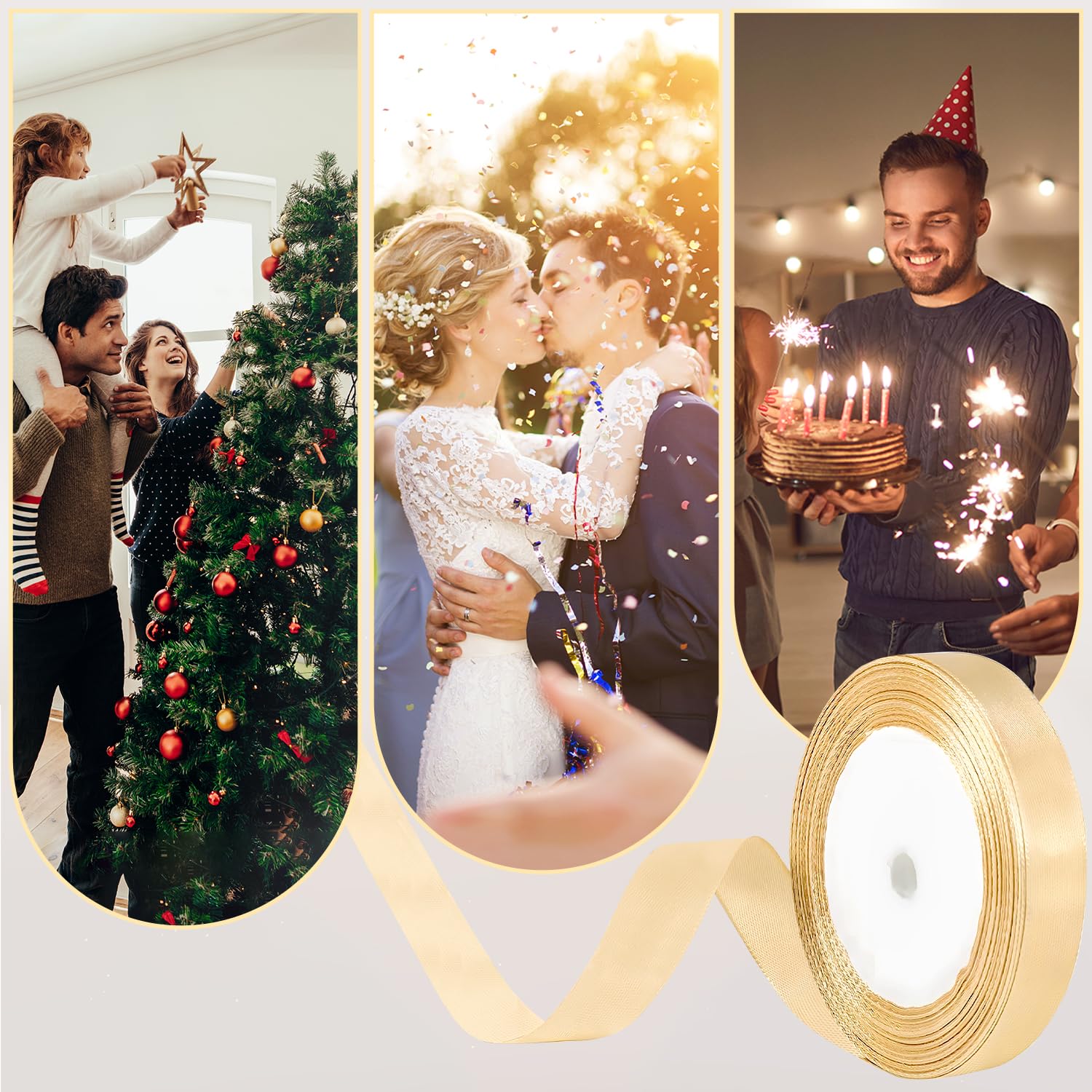 Nastro Regalo Dorato 10mm - 66m Totali Per Confezioni Regalo, Decorazioni Natale, Matrimoni E Compleanni - Foto 5