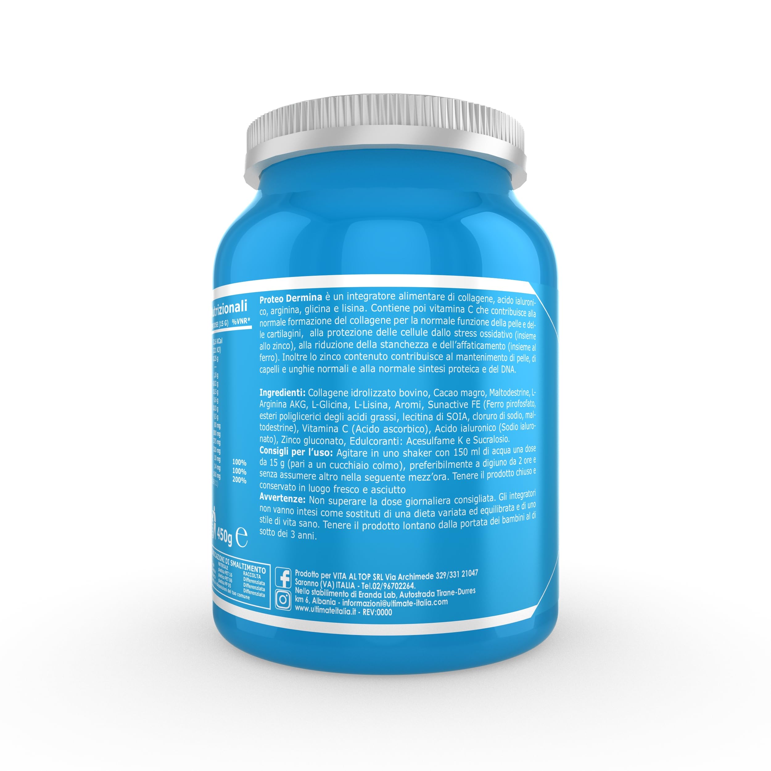 Ultimate Italia - Proteo Dermina - 450g - gusto cacao - Integratore di collagene e acido ialuronico per mantenere la pelle giovane e supportare cartilagini, legamenti e tendini