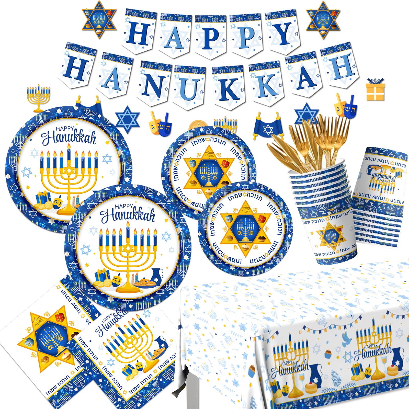 Vajilla decorativa de Janucá de 142 piezas, platos de papel de Hanukkah, servilletas, tazas de menorá y mantel para suministros de