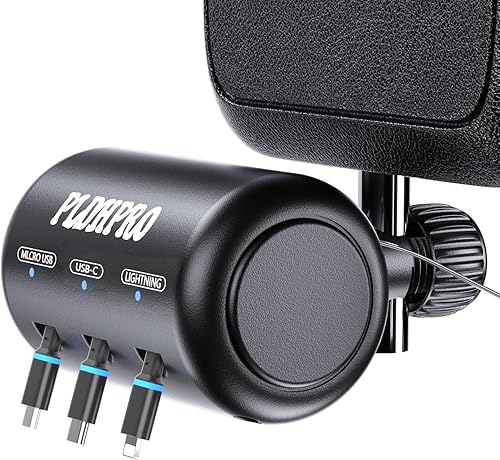 Asiento trasero retráctil para automóvil 3 en 1, caja de estación de carga múltiple con cables retráctiles USB tipo C Lightning para todos los