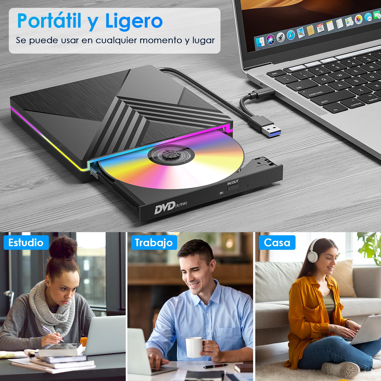 Lector CD DVD Externo, USB 3.0 y Type-C Grabadora CD DVD Unidad Externa, RGB Disquetera Externa CD DVD +/-RW Drive para PC Laptop Desktop MacBook Mac OS Win11/10/8/7/XP Linux Vista