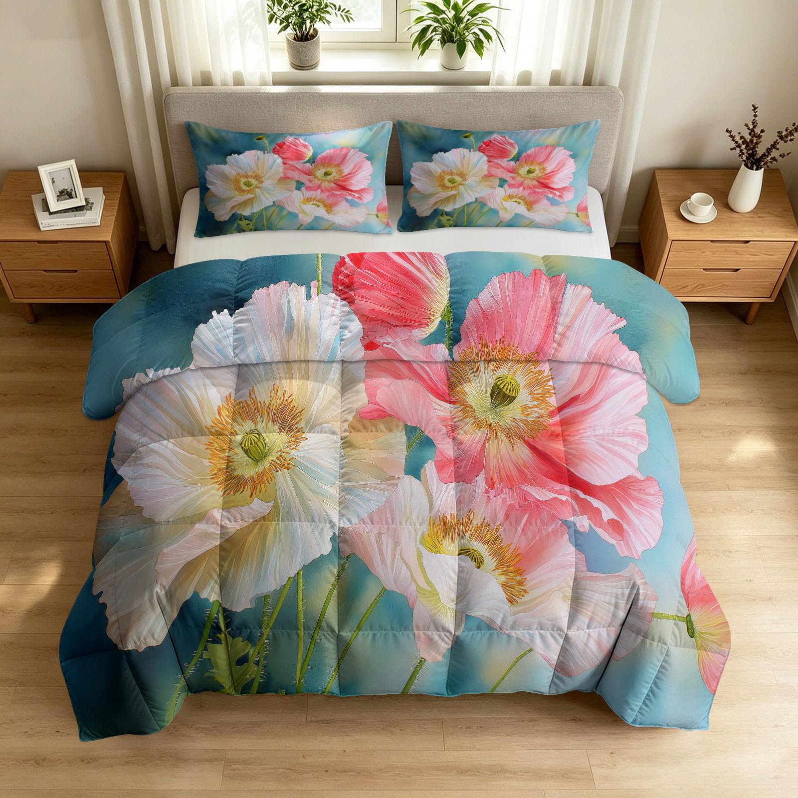 Trapunta senza rivestimento con fiori, papaveri verdi, 155 x 220 cm, 4 stagioni, reversibile, moderna ed elegante, per tutto l'anno, lavabile, calda e delicata sulla pelle, con 2 federe da 80 x 80 cm