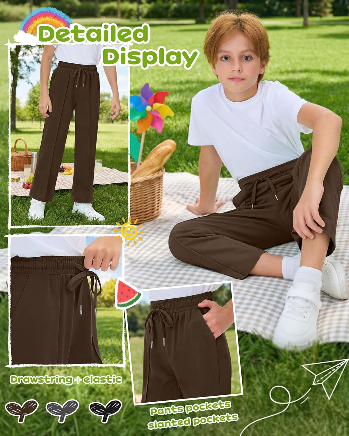 3 Pack Boys Wide Leg Sweatpants Baggy Athletic Drawstring Joggers Elastic Waist Kids Sweat Pants with Pockets - Image 4