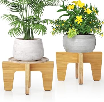 Plant Stands Indoor Outdoor, Plant Risers for Inside Pots Sturdy Short Plants Holder, Flower Pot Stand for Indoor Plants, Small Single Floor Plant Bamboo Display Stand Natural 12 2 pack