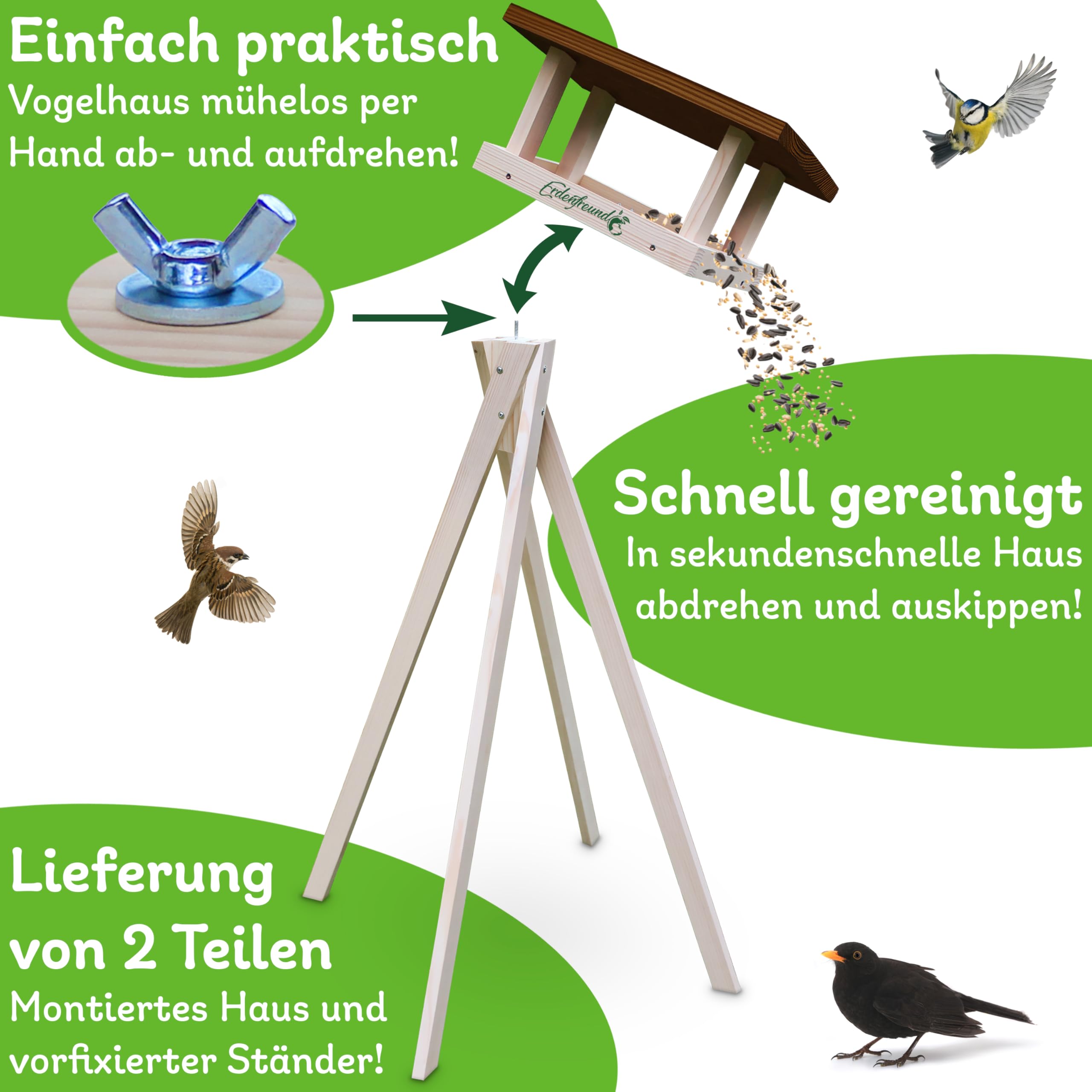 ERDENFREUND® Vogelhaus mit Ständer wetterfest +2 Näpfe Futterhaus für Vögel mit Rundumblick räubersicher Vogelfutterhaus 1,20m fertig montiert (Vogelhaus stehend +2er Wasser-/Futternapf hygienisch)
