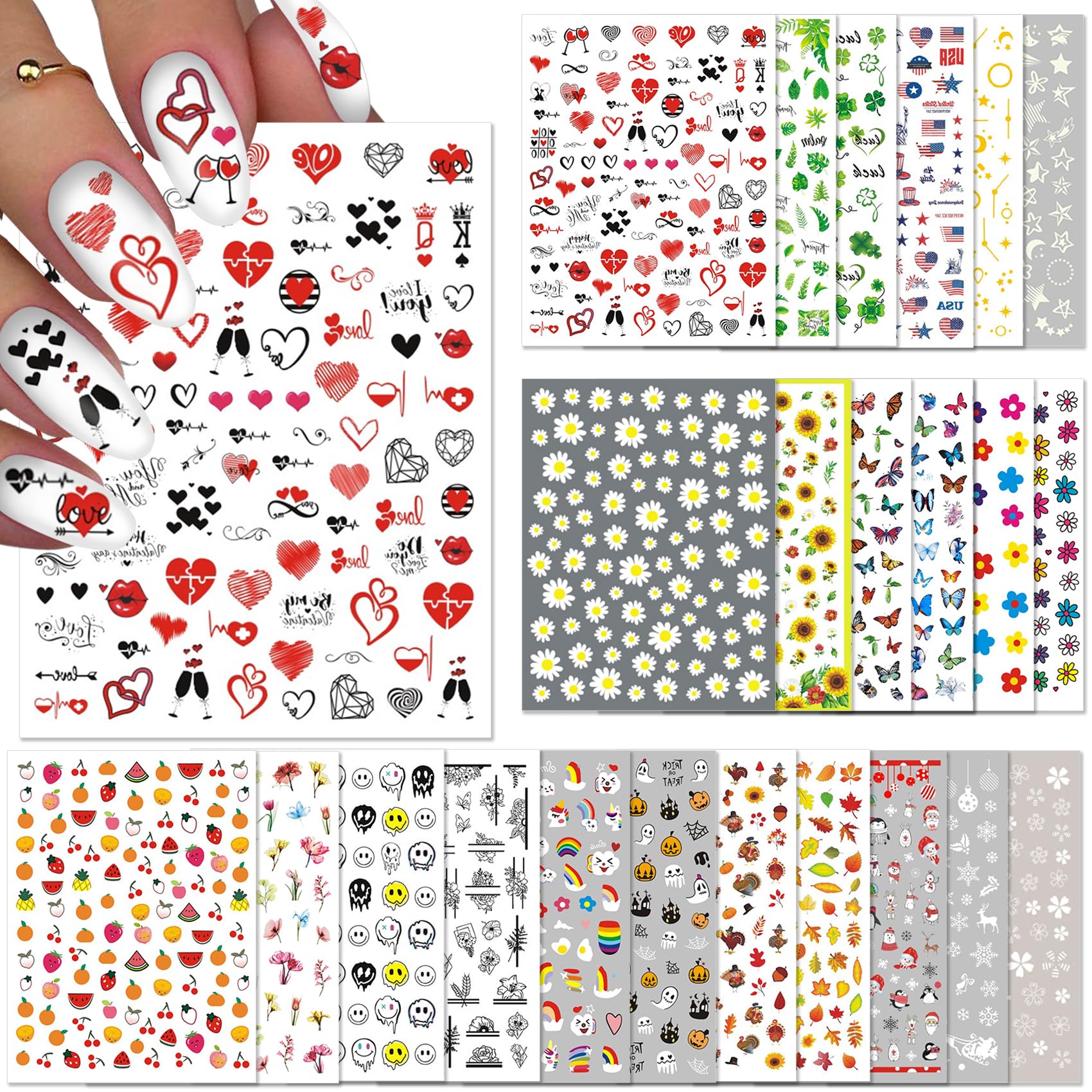 TailaiMei 24 Sheets Holiday Nail Stickers, Halloween, Christmas, Fall, Valentine Mixed All Seasons Variety Pack for Year-Round Seasonal Nail Art Decorations, Self-Adhesive Design Nail Decals