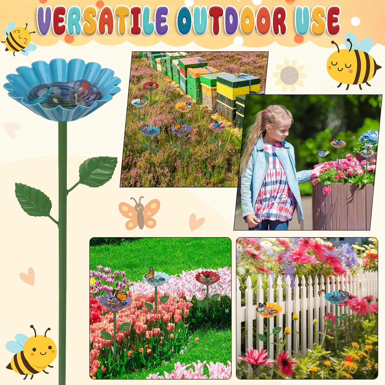 12 Pack Bee Watering Station, Bee Feeder for Garden Metal Butterfly Water Feeder Colorful Flower Design Bath Bowl with Glass Beads for Pollinators Outdoor Garden Yard & Patio Decor