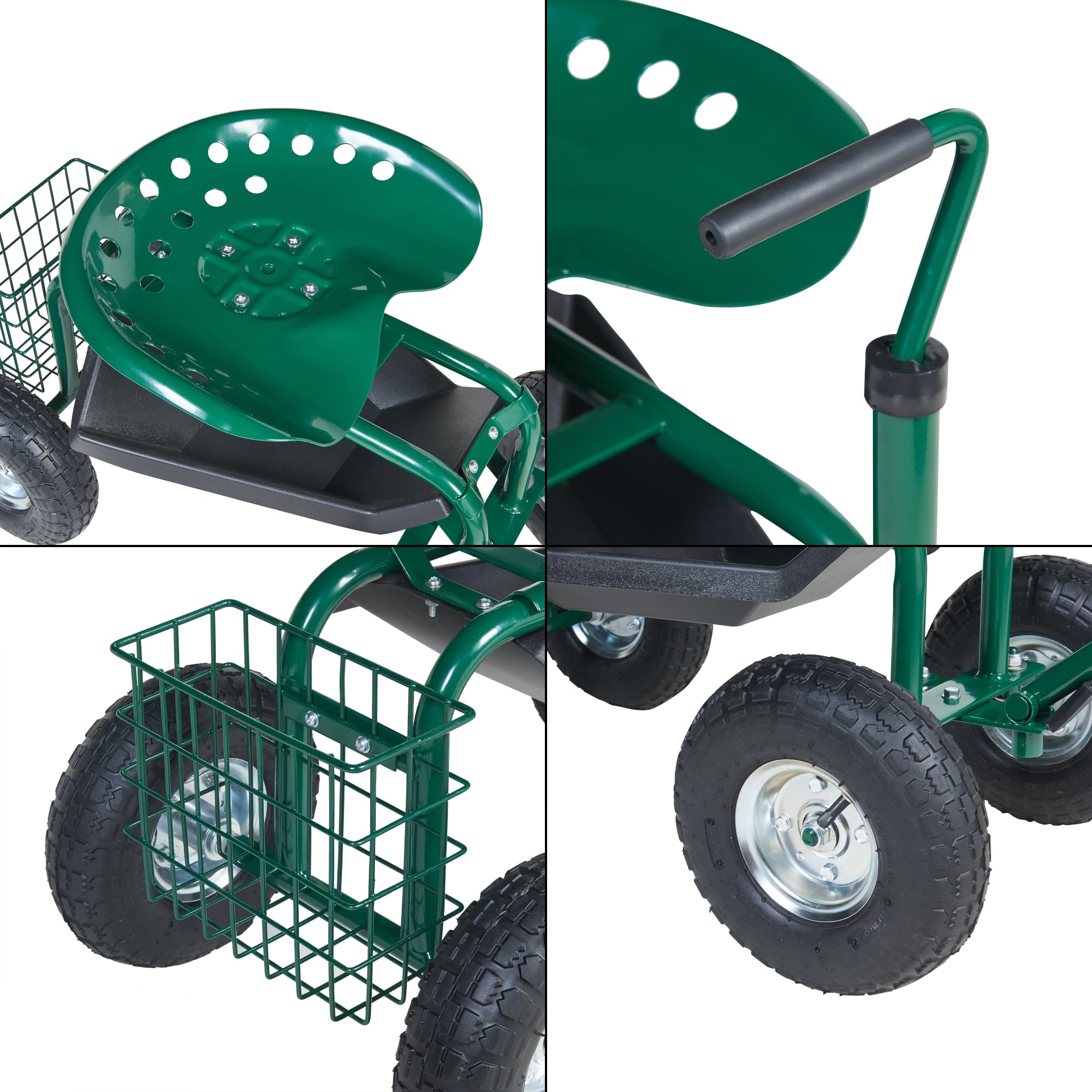 pro.tec Asiento de Jardinería Casarano con Ruedas Taburete Móvil Carrito para Trabajo en Jardín Taller con Bandeja y Cesta de Malla Altura del Asiento y Asa Ajustable Acero 81 x 45 cm - Verde Negro