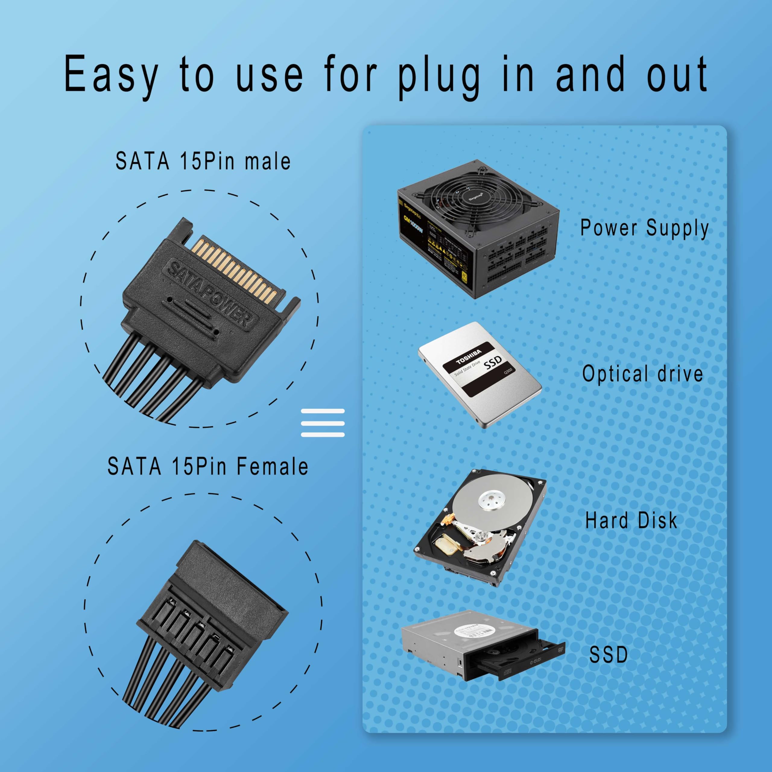Cable divisor de alimentación Sata de 5.5 pulgadas, 6 vías, negro, cable SATA de 15 pines de 1 a 6 para HDD, SSD, unidades ópticas, conector de alimentación Sata para cable de extensión 5