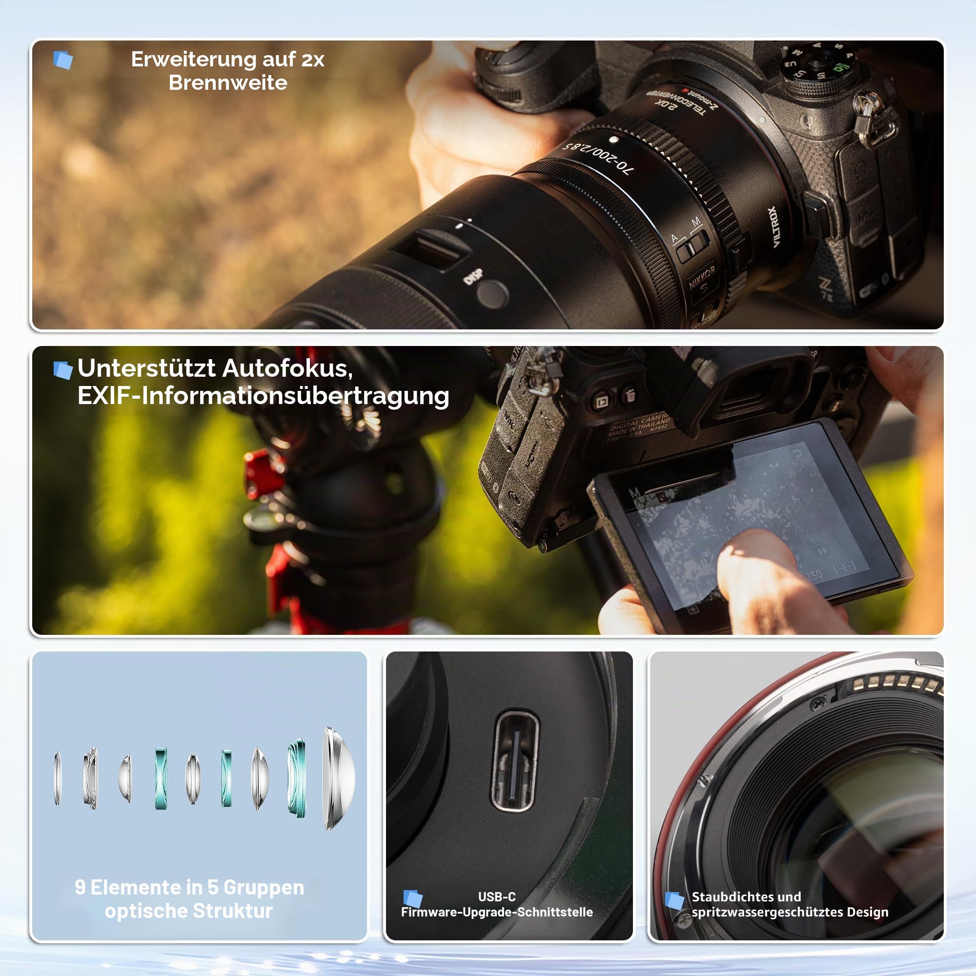 VILTROX TC-2.0X Telekonverter für Nikon Z-Mount Teleobjektiv, Autofokus-Objektiv, kompatibel mit NIKKOR Z 70-200 mm f/2.8 VR S