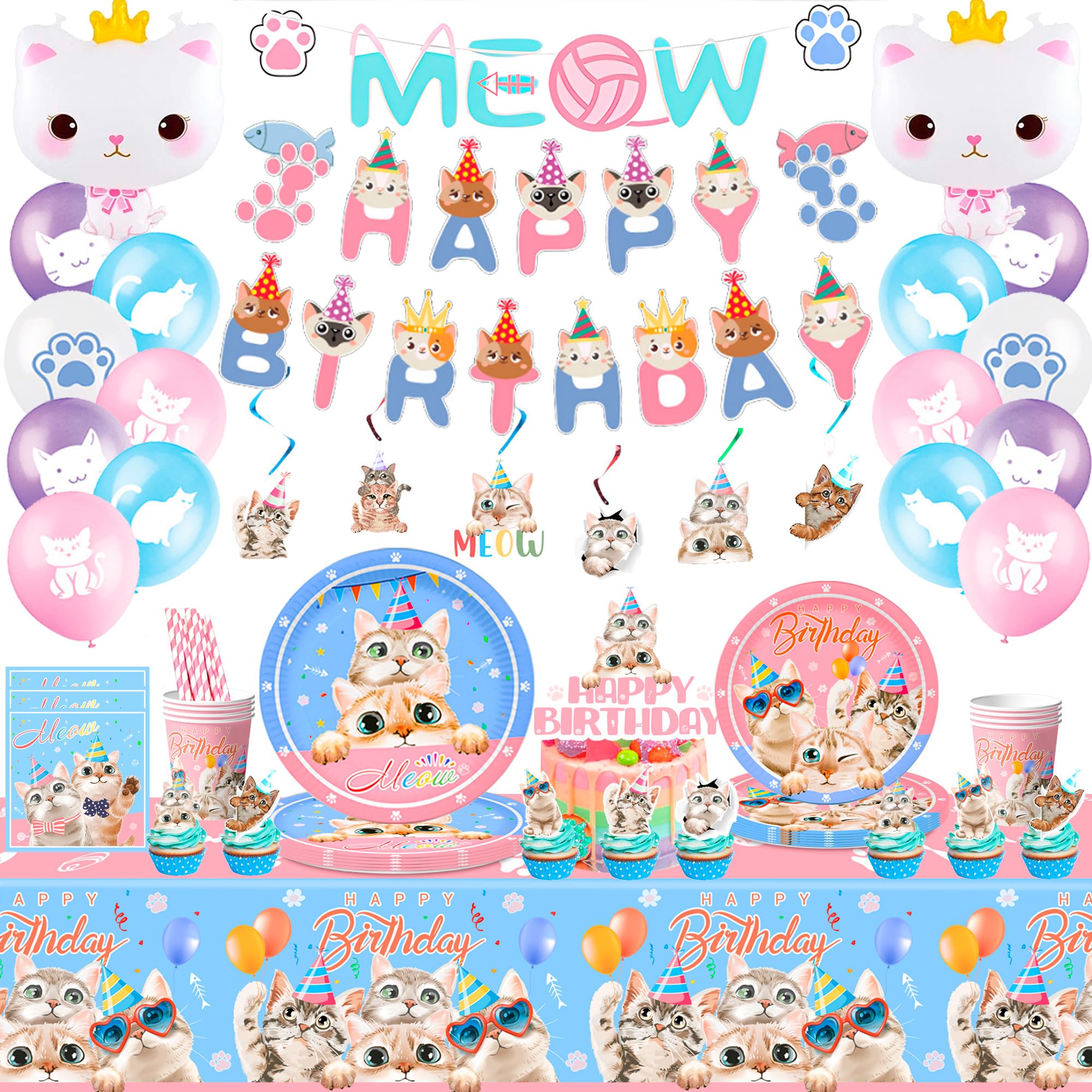 Katzen Geburtstag Deko,116 Stück Cat Partyzubehör Dekoration Partygeschirr Set, Alles Gute Zum Geburtstag Meow Katzen Gesicht Banner Ballons Tortendeko Teller Becher Servietten Stroh ect für 16 Gäste