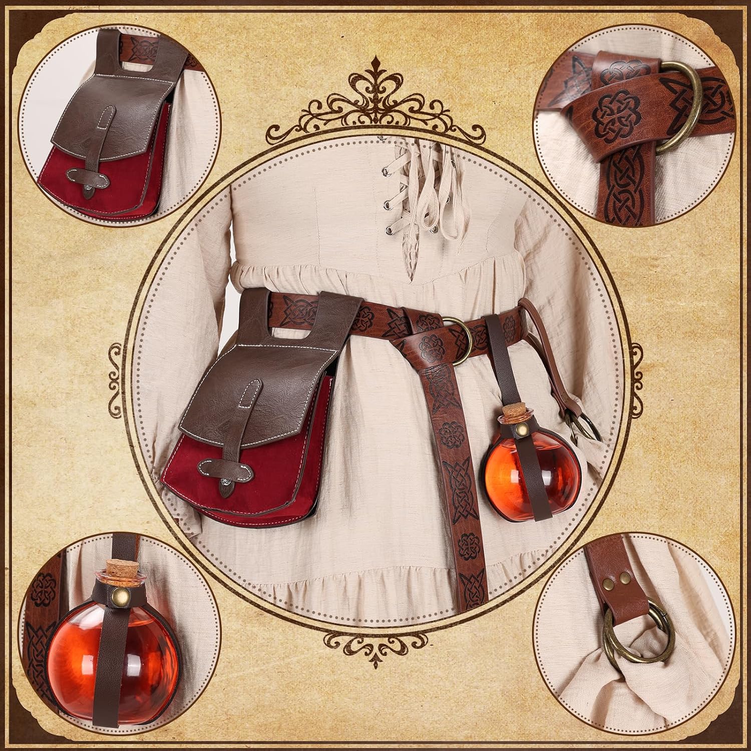 Women Renaissance Accessories Leather Belt Pouch Medieval Viking Skirt Hikes Renaissance Leaf Cosplay for Halloween
