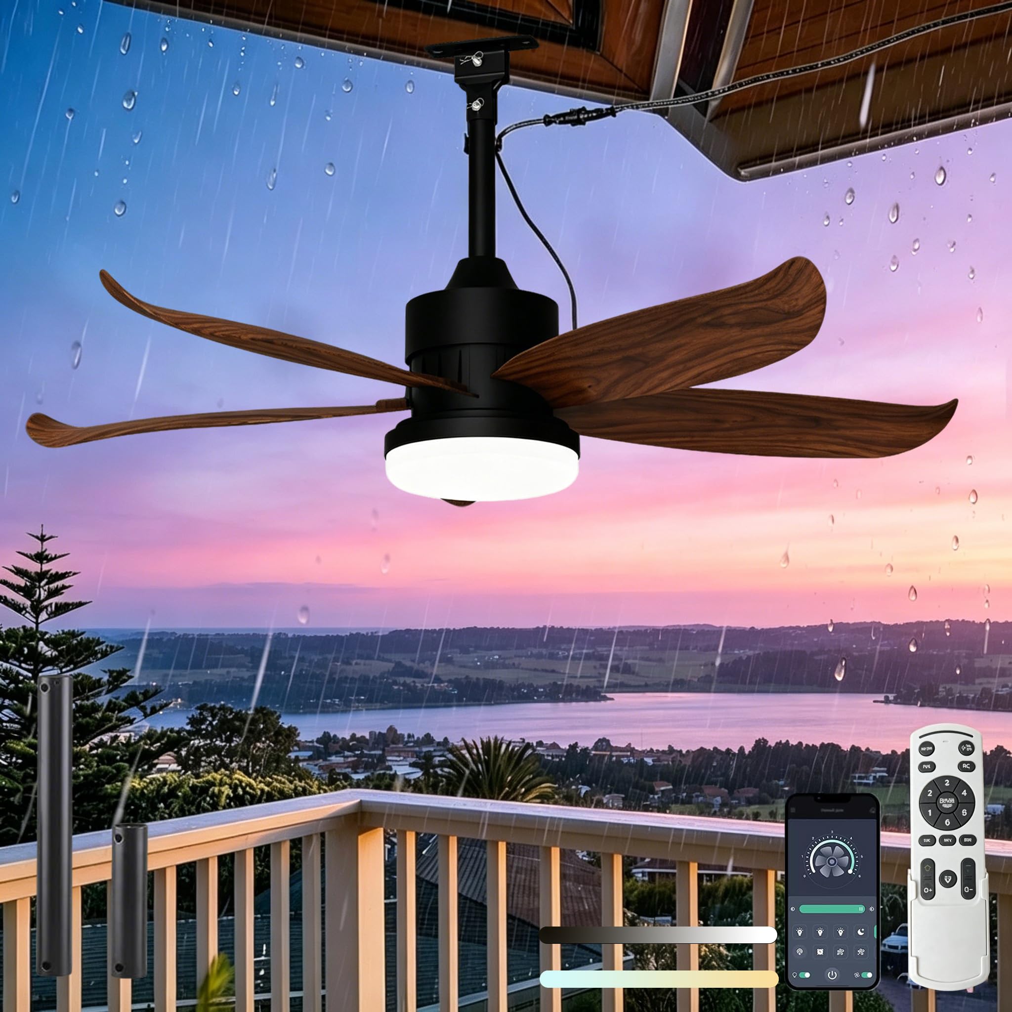 Ceiling Fans with Lights and Remote Control IP65 Waterproof Ceiling Fan LED Lamp Dimmable Silent Reversible 6 Speeds Ceiling with Modern Lighting DC for Bedroom Kitchen Indoor/Outdoor Patio Walnut