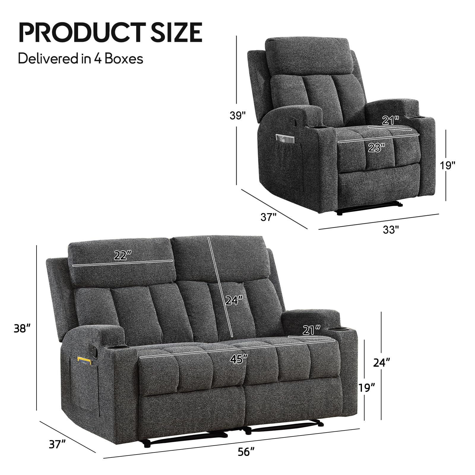CANMOV Manual Recliner Sofa Set, Fabric Recliner Living Room Furniture Sets, 1 Seat Reclining Chair and a Loveseat Furniture Set with Side Pockets and Cup Holders, Dark Grey view 2