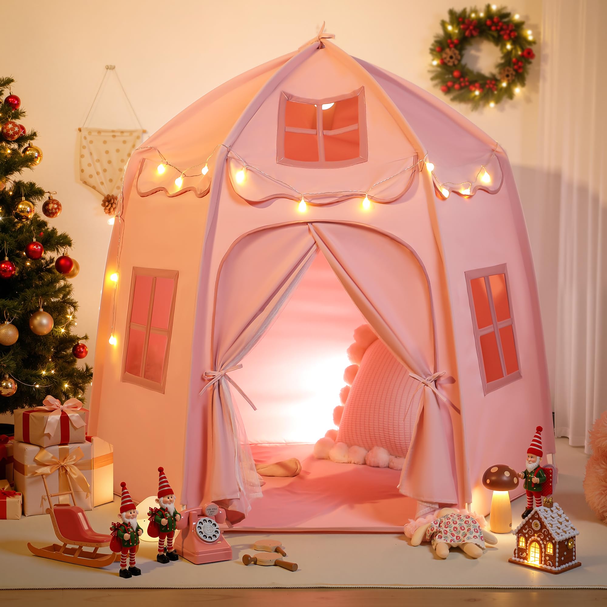 besrey Kinderzelt, Spielhaus im Schloss-Design für 3–4 Kinder, Indoor & Outdoor Spielzelt mit Lichtern, Kinderspielzelt Mädchen & Jungen Geschenk für Geburtstag & Weihnachten Rosa