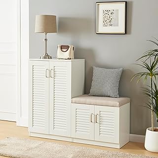 [en.casa] Shoe cabinet Løten hallway cabinet with 9 shelves sideboard shoe rack up to 18 pairs of shoes storage with padded bench 120x36x97cm White