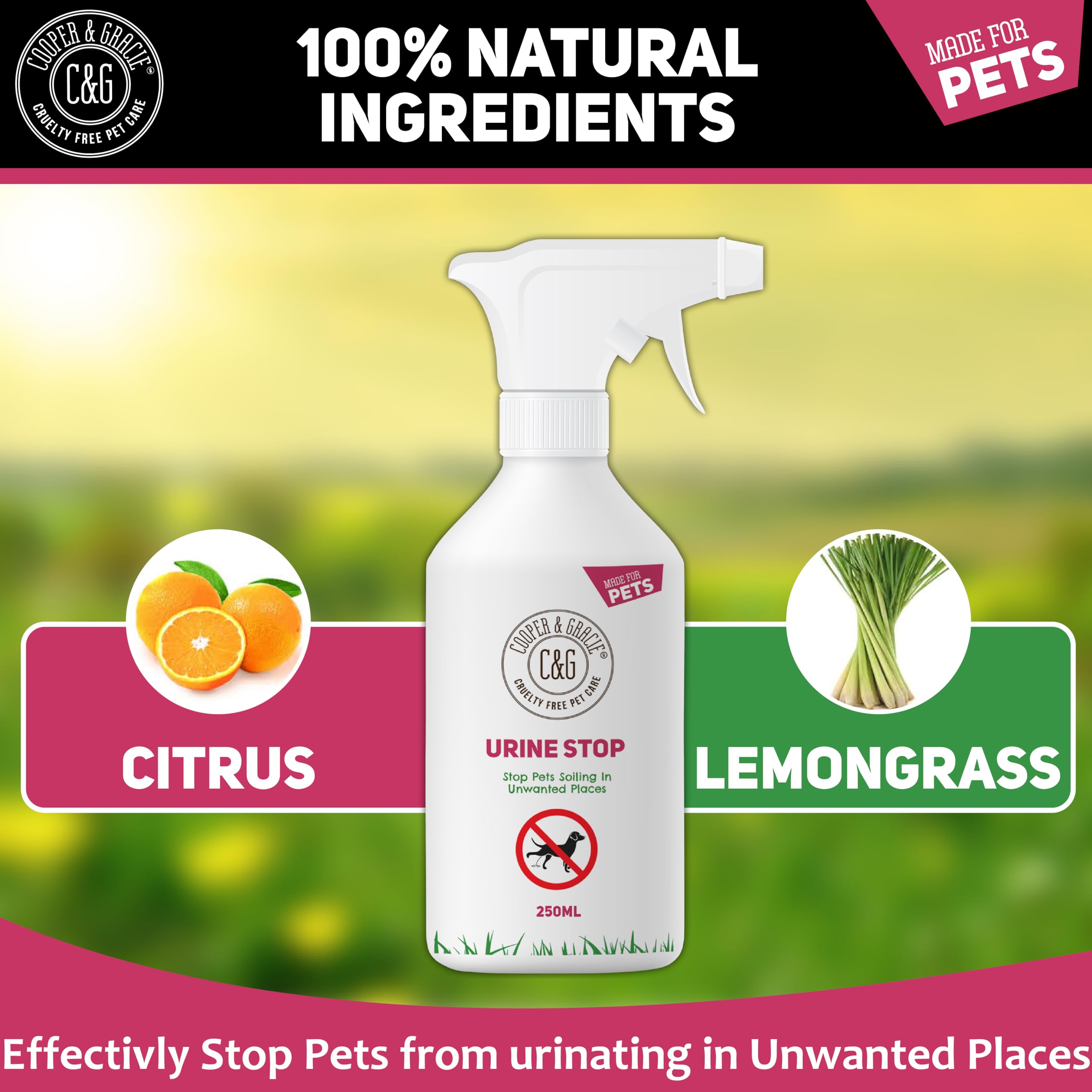 C&G Pets Urine Stop Spray per cani e gatti – Formula a tripla azione – blocca la ripetizione di segni all'interno e all'esterno – Ingredienti naturali, prodotto nel Regno Unito – sicuro per famiglie e