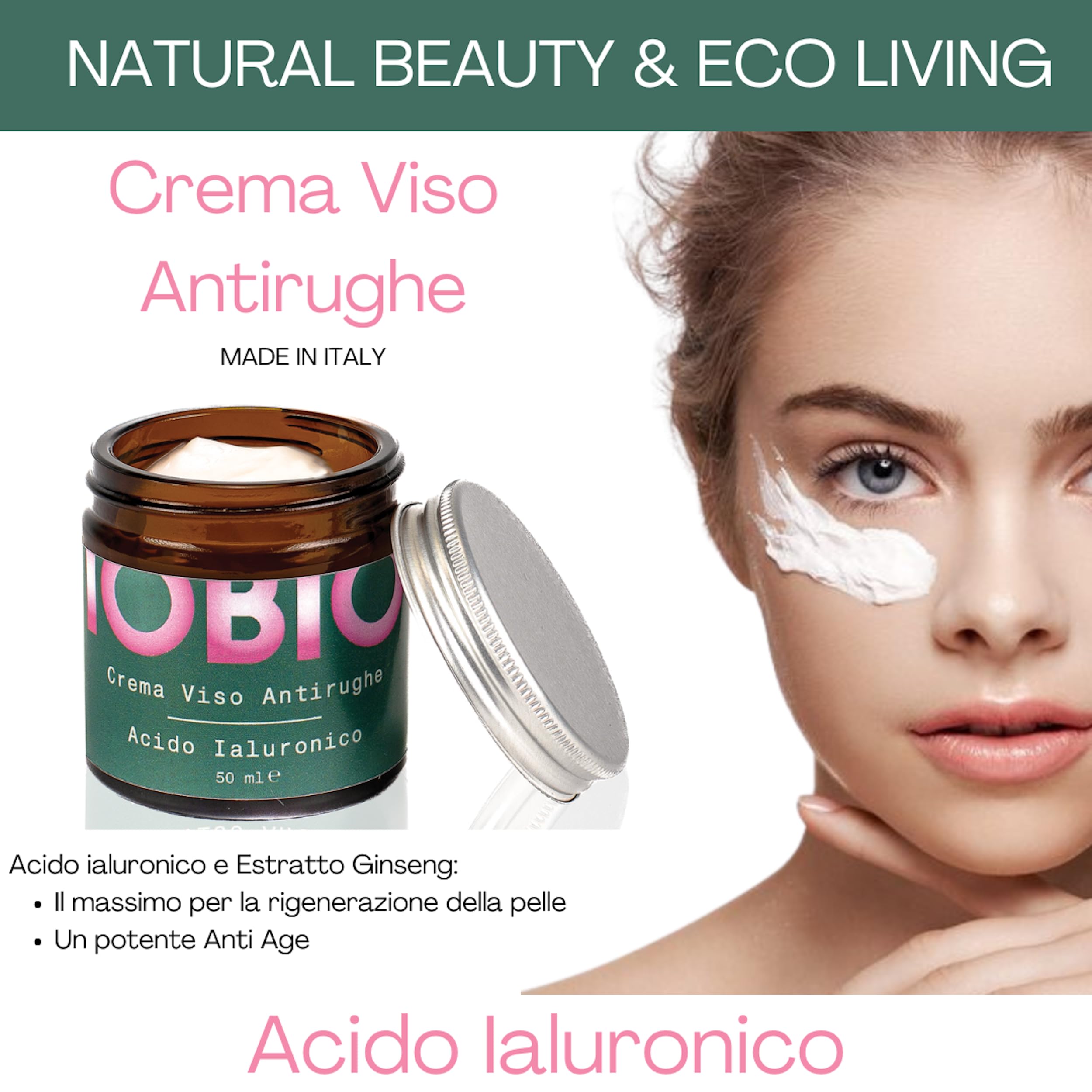 Eywa Crema Viso Antirughe all’Acido Ialuronico IOBIO (50 ml) – Crema giorno idratante per rughe e segni del tempo – Con collagene, malva bio, ginseng e Gatuline – Bio, vegan, made in Italy