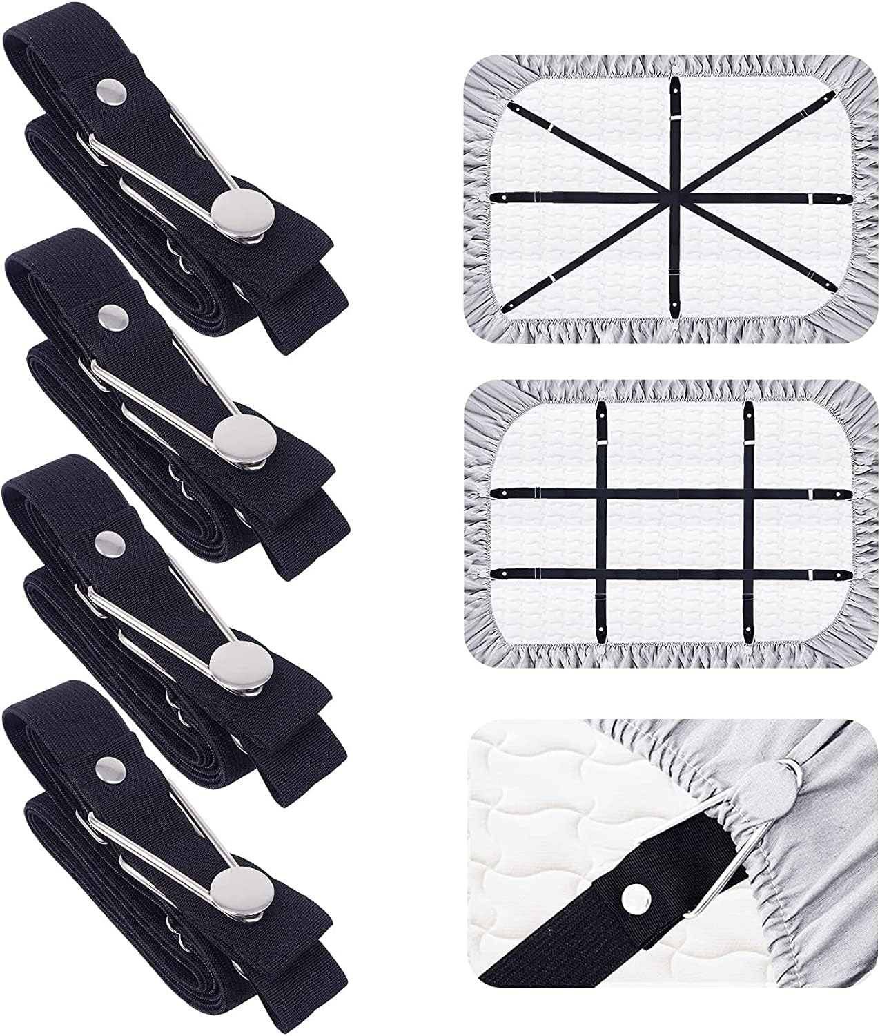 Sawanork 4 pcs Bed Sheet Holder Straps, Upgraded Bed Sheet Holder Strap Suspenders, Adjustable Elastic Band Mattress Pad Clips Gripper Holder for Bed Sheets, Mattress Covers, Sofa Cushion (Black)