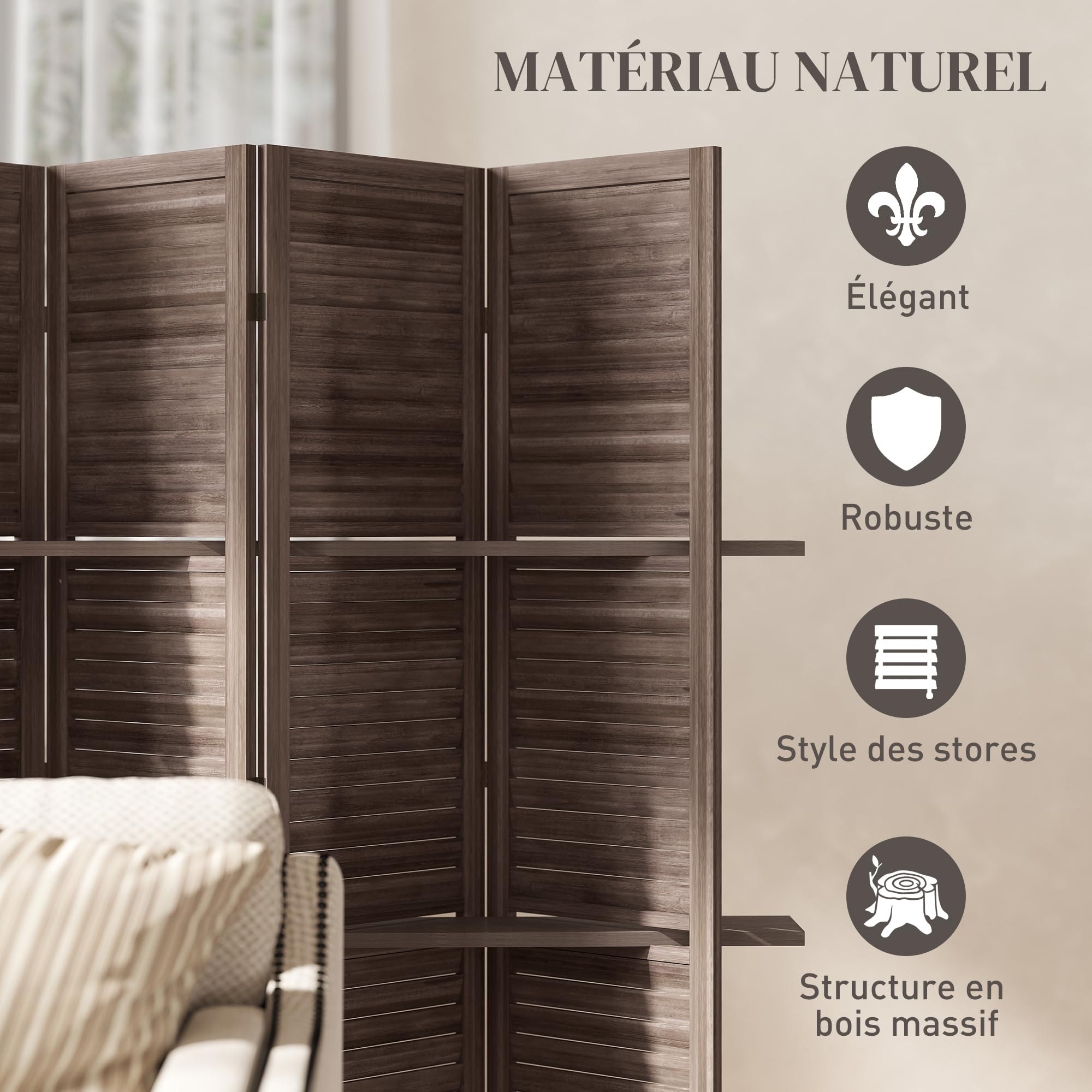 HOMCOM Paravent Intérieur en Bois 4 Panneaux 160 x 170 cm Noyer