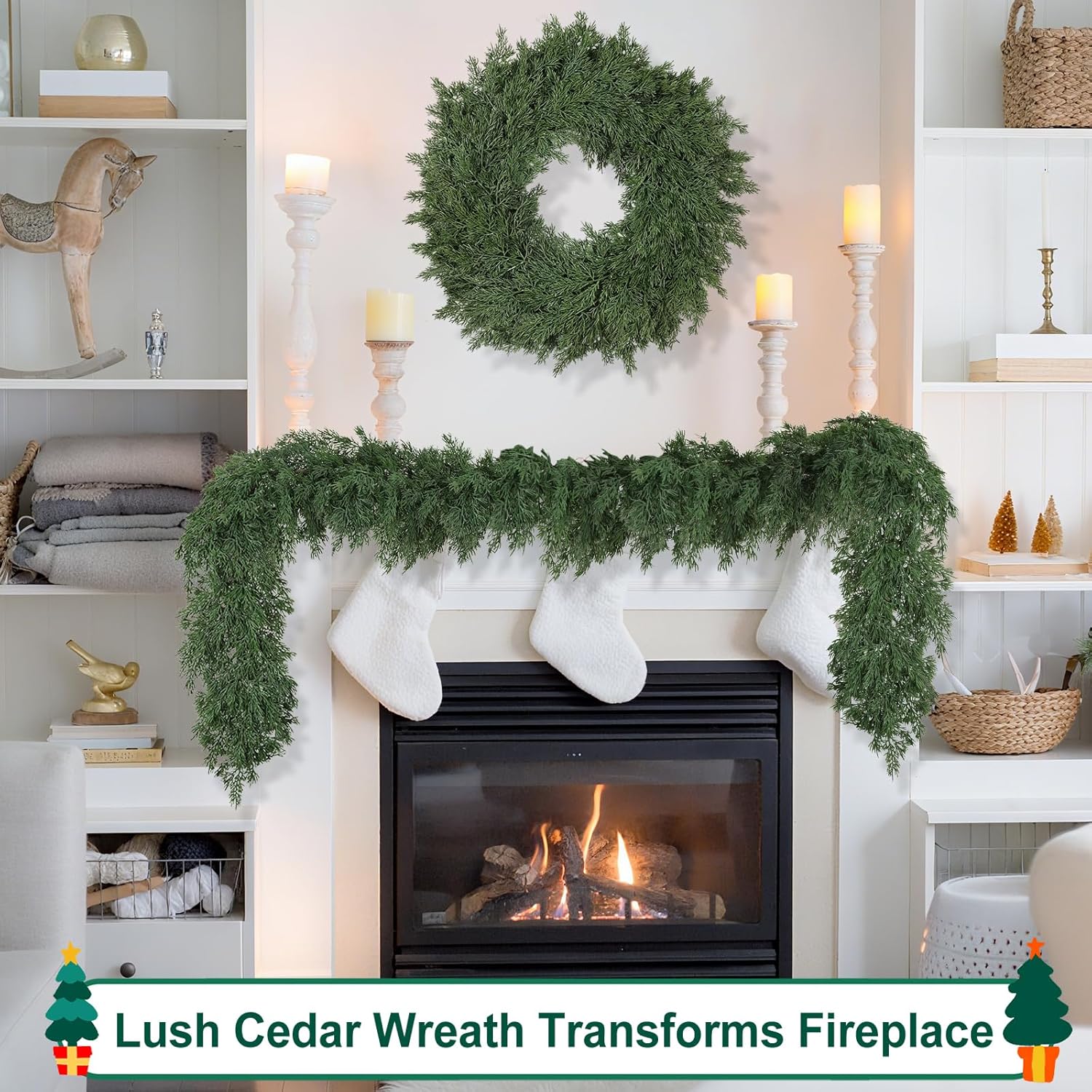 26" Real Touch Christmas Cedar Wreath, Christmas Wreaths for Front Door, Realistic Pine Wreath, Large Green Cypress Wreaths for Home Fireplace Wall Window Porch Outdoor Xmas Holiday Decor - Image 5