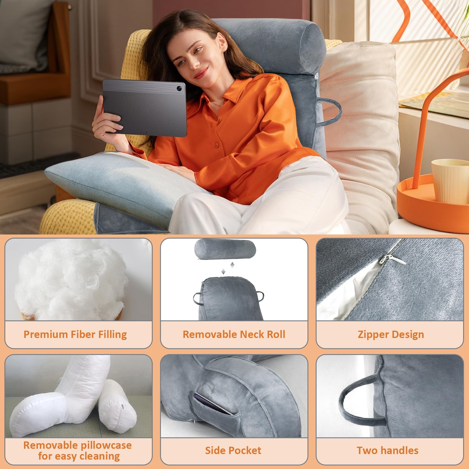 MINGPINHUIUS XL Poduszka do czytania do łóżka i sofy z odpinaną poduszką na szyję, idealna poduszka na plecy dla dorosłych z pianką memory foam dla komfortowego czytania, pracy, zabawy, oglądania