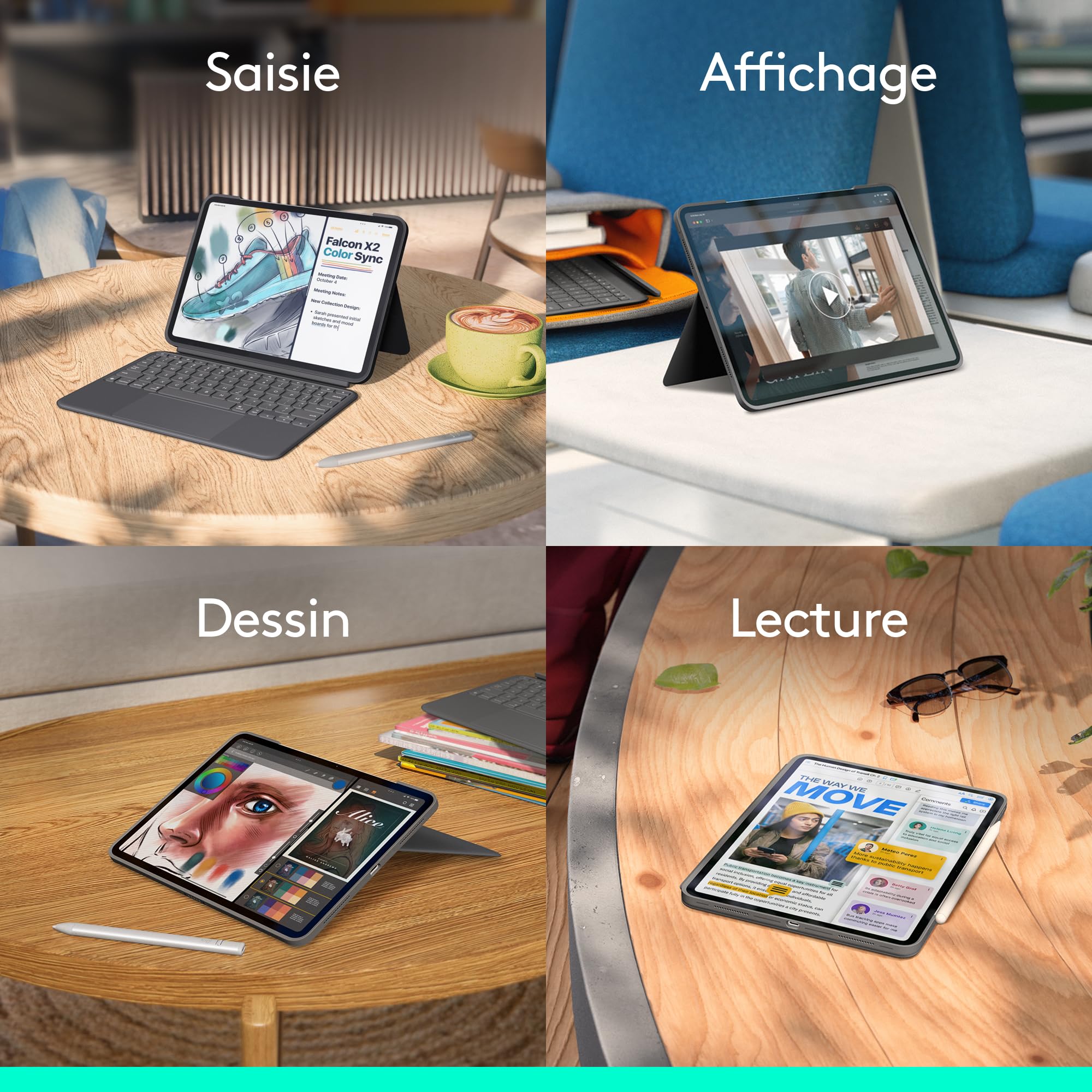 Logitech Combo Touch, étui Clavier pour iPad Pro 11 Pouces (M4 et M5)(2024 et 2025), FRA AZERTY, rétroéclairé Amovible avec Support, Saisie Confortable, Mode Multi-Usage - Graphite