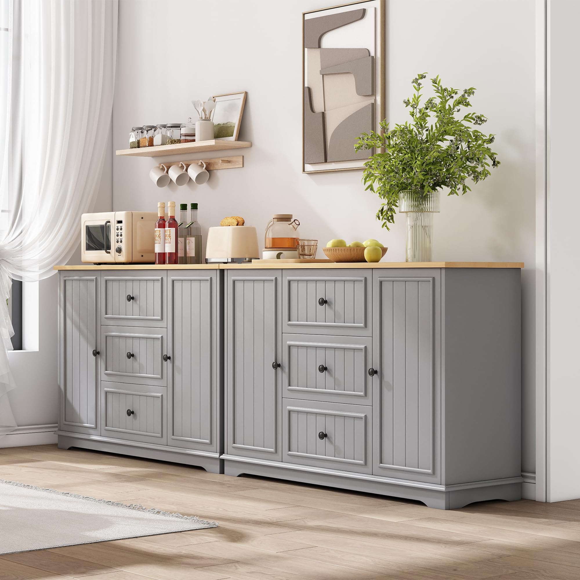 Aparador buffet con 3 cajones y puertas de frigorífico, versátil para salón, comedor y vestíbulo, color gris