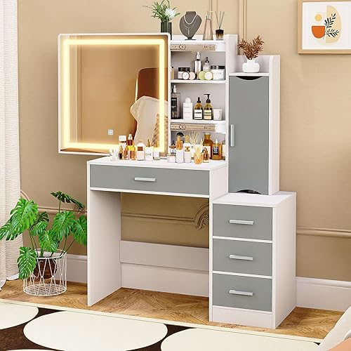 usikey Escritorio de tocador de maquillaje, mesa de tocador de maquillaje con espejo deslizante iluminado LED, mesa de tocador con 4 cajones y