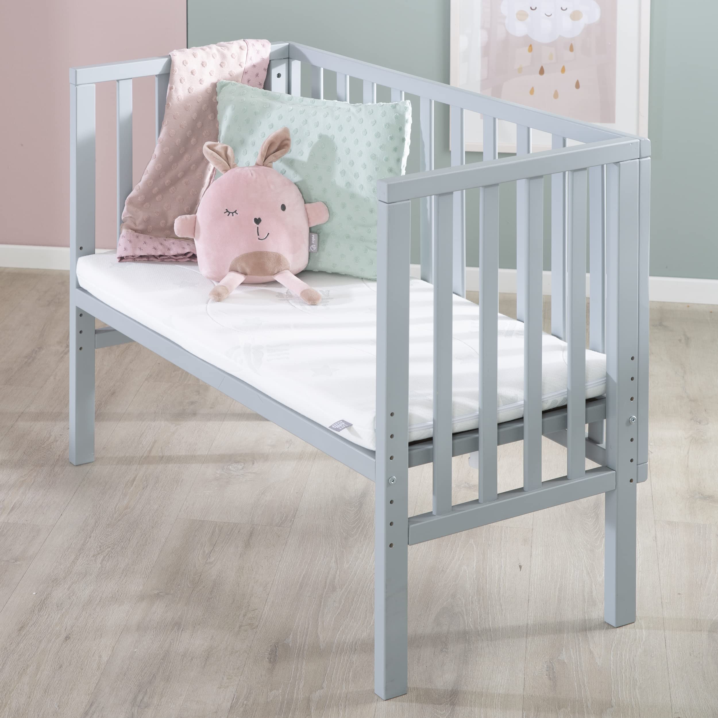 roba Lettino Co-sleeping 2 in 1, Inserto safe asleep 45 x 90 cm e Barriera, Adatto a Tutte le Altezze dei Letti dei Genitori, dalla Nascita, Trasformabile in Panca, Legno Laccato Grigio