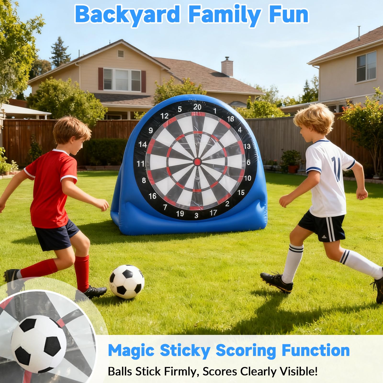 150 cm Bersaglio Freccette da Calcio Gonfiabile, Pieghevole Portatile Bersaglio per Freccette, con 4 Palloni da Calcio, Pompa Elettrica per Aria, per Casa, Cortile, Prato e Giochi Divertenti per Feste