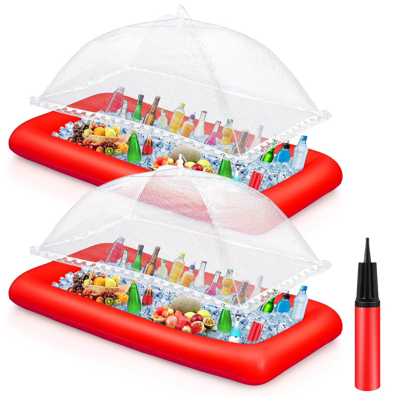 Photo 1 of Leitee 5 Pcs Inflatable Serving Bar Kit Includes Salad Buffet Tray with Drain Plug Mesh Food Cover Food Drink Containers and Inflator for Ice Supplies Summer Party Camping Picnic(Red)