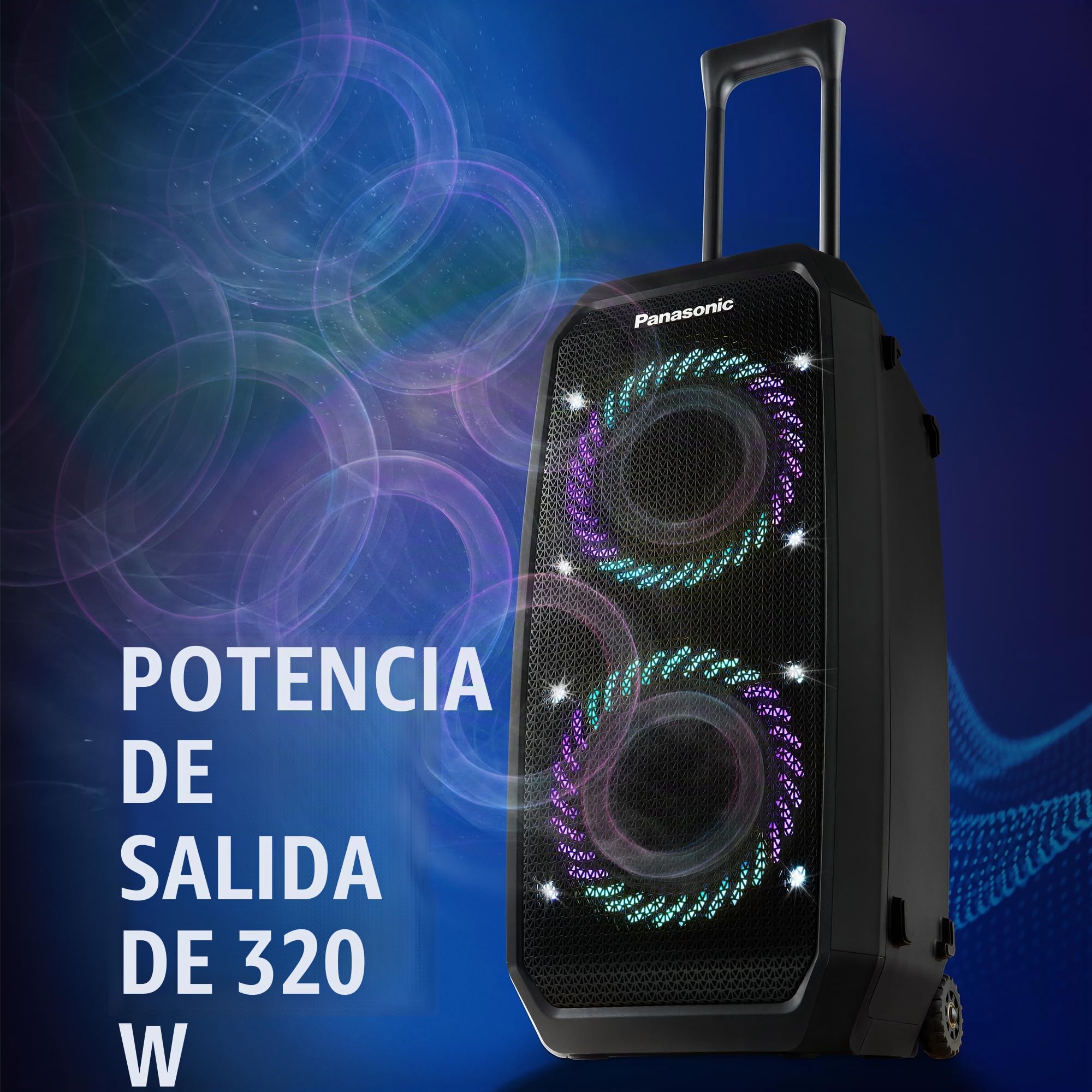 Panasonic SC-BMAX30 Altavoz Portátil para Fiestas con Bluetooth, Luces Integradas, Entrada Bass Reflex, 320 W, 14h de autonomía, USB, IPX4, Entradas para Guitarra y Micrófono para Karaoke, Negro