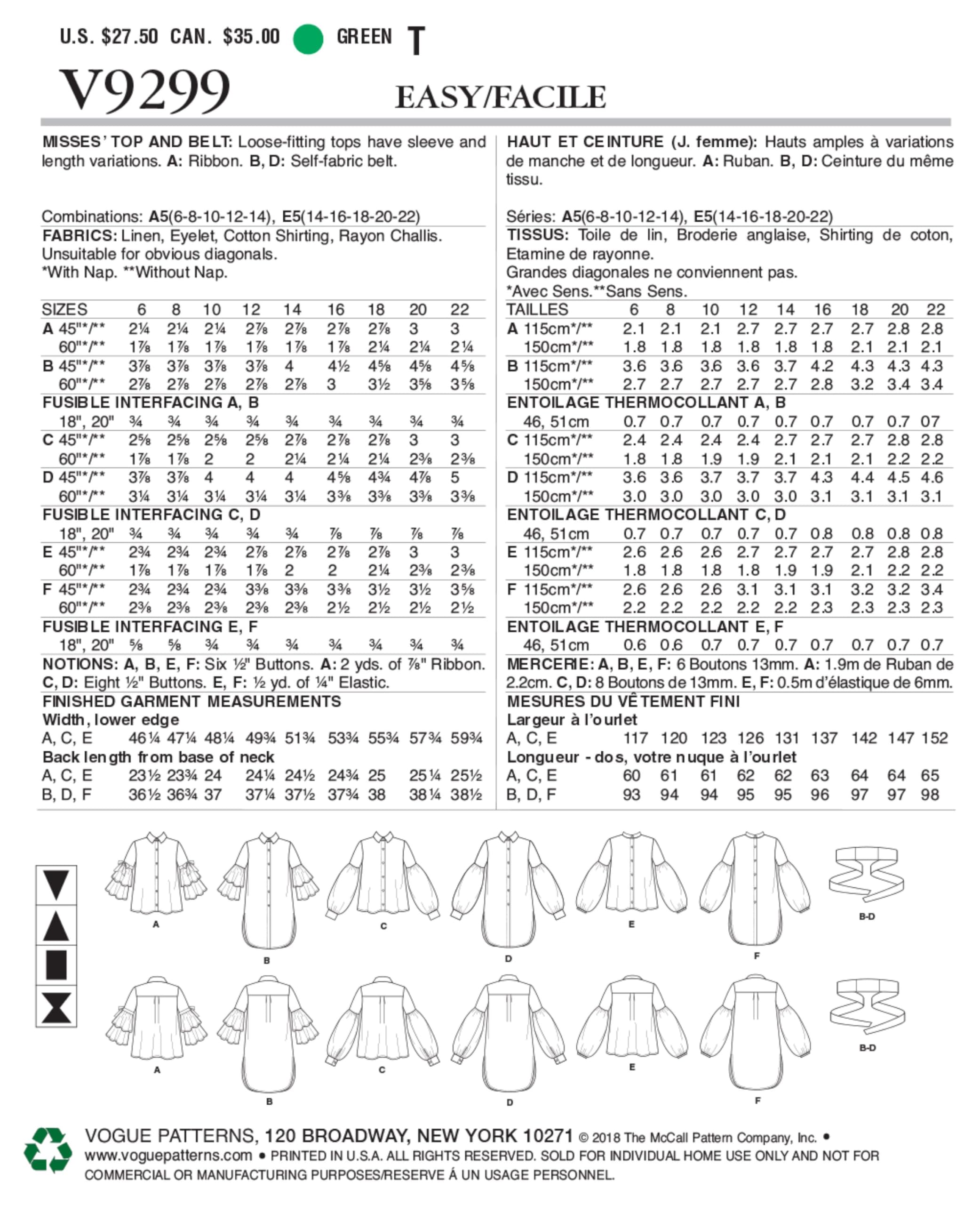 Patron De Couture Vogue 9299 - Haut Ample Et Ceinture Pour Femme - Taille 42 à 50 - Style Mouchoir