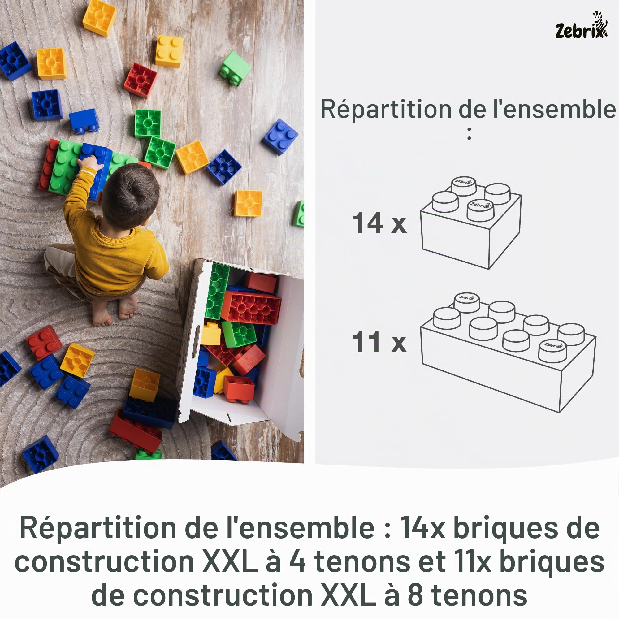 XXL 25 briques de construction 4 couleurs | Grandes briques en rouge, vert, bleu et jaune - (25 briques) | Pour bébés et enfants | Fabriqué en Allemagne