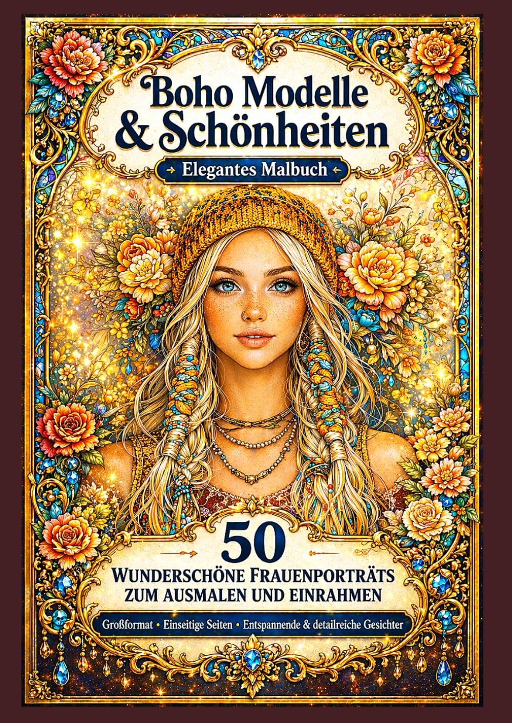 Boho Modelle & Schönheiten – Elegantes Malbuch: 50 wunderschöne Frauenporträts zum Ausmalen und Einrahmen Großformat – Einseitige Seiten – Entspannende und detailreiche Gesichter -