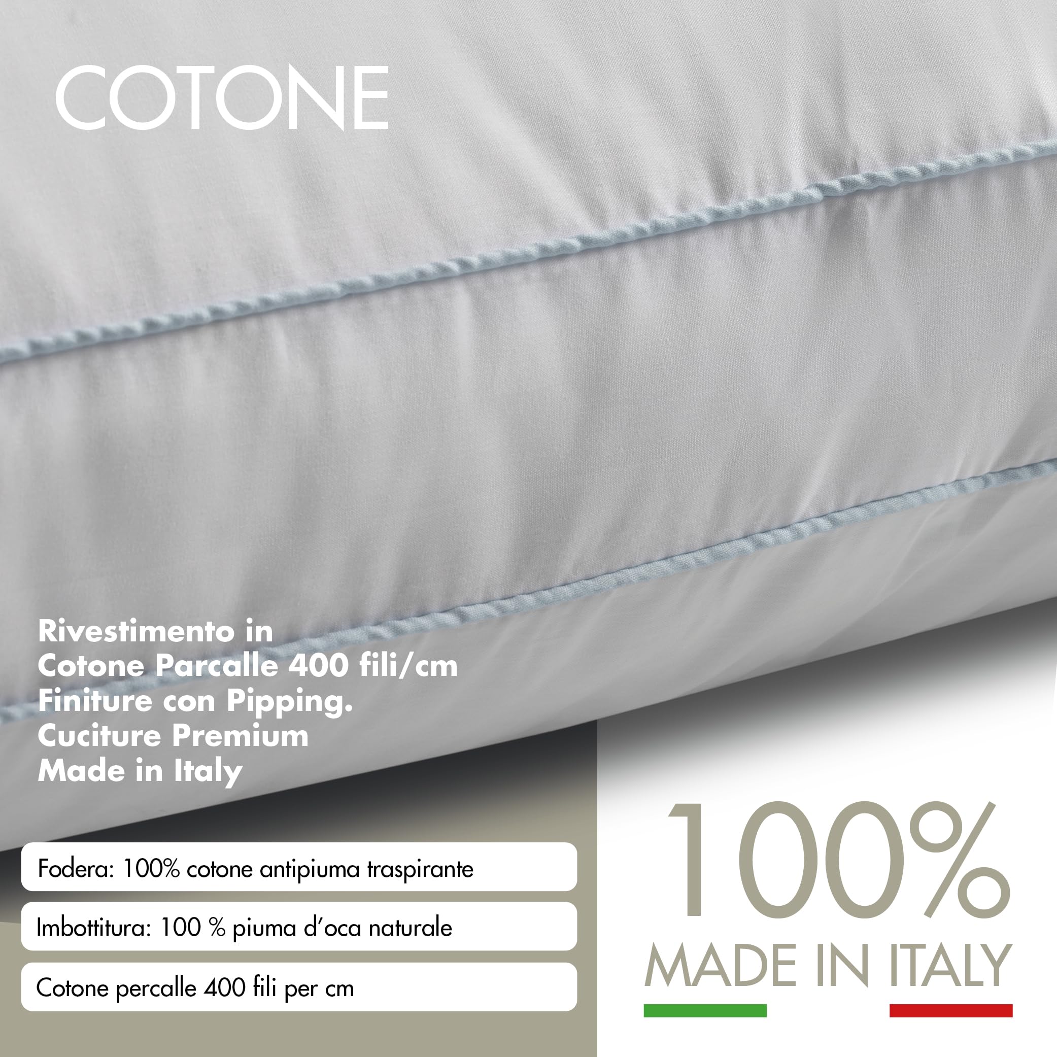 EMTEX Cuscino Letto in PIUMA D'OCA 100% Naturale Guanciale Morbido e Traspirante in COTONE Parcalle Cuciture Premium Made in Italy (1, BIANCO cuciture AZZURRO)