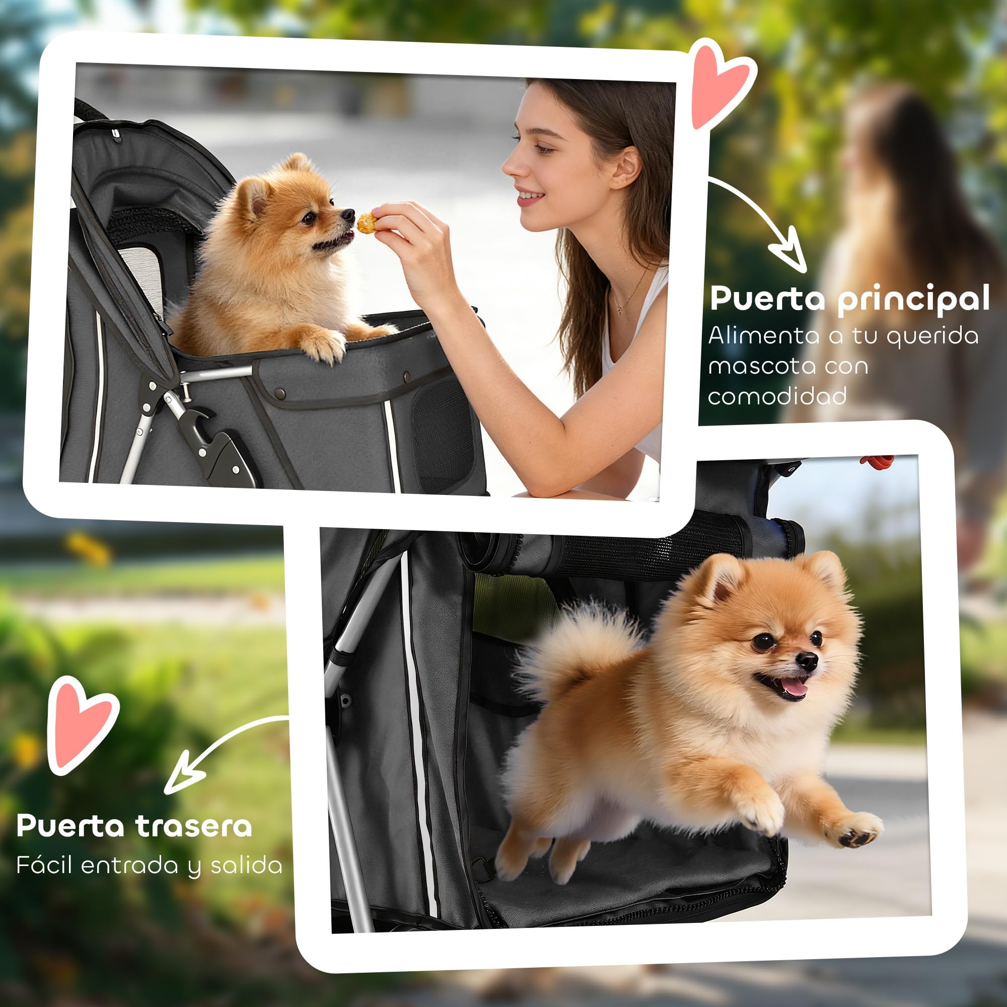 PawHut Carrito para Perros Plegable, Cochecito para Perros Pequeños con Cesta de Almacenaje, Ventanas de Malla, Portavasos y Ruedas, Carga 10 kg, 77x44x102 cm, Gris Oscuro