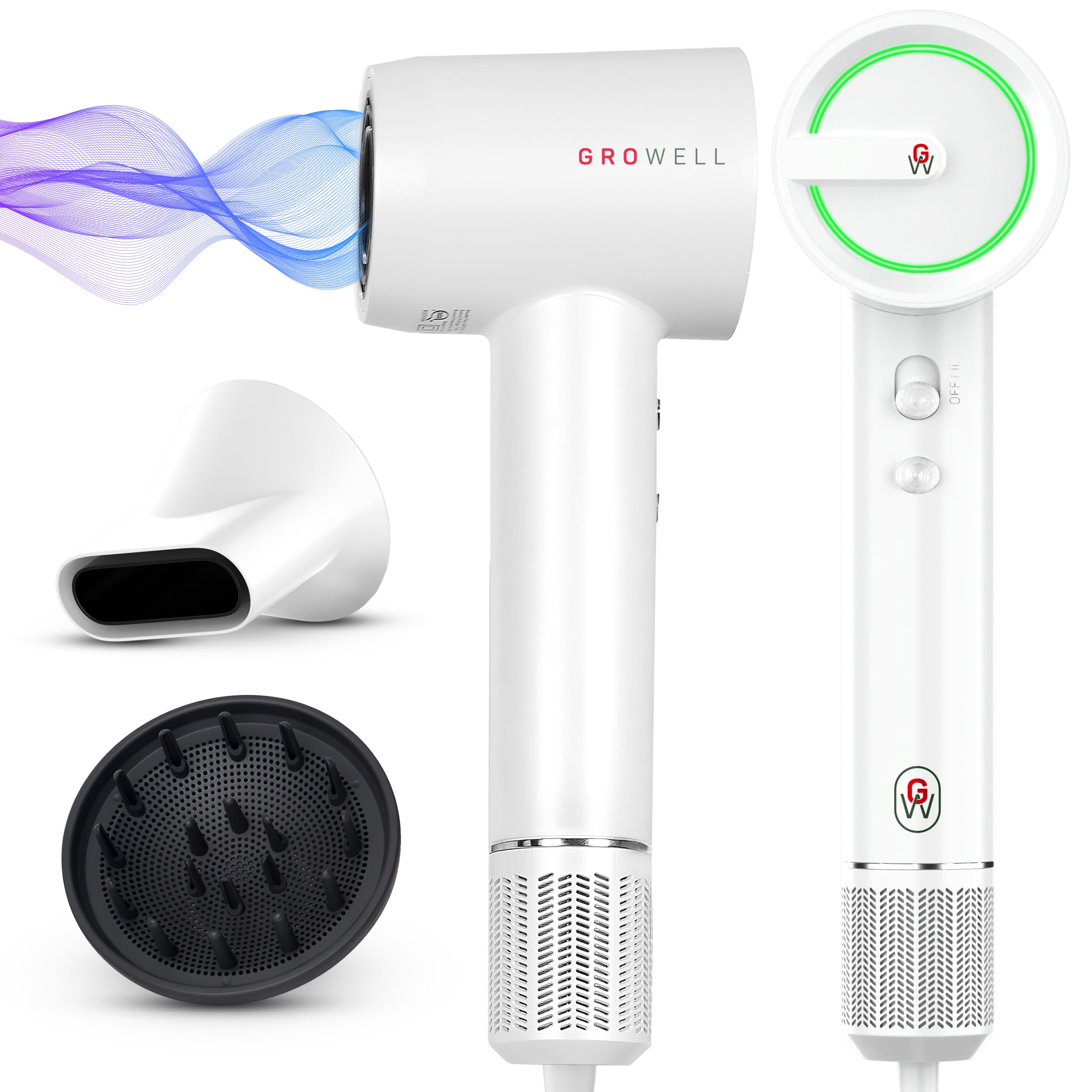 Growell Ionic Hair Dryer with Diffuser for Curly Hair, Wavy Professional High-Speed Brushless Blow Dryer for Fast Dry, Low Noise, Lightweight, Compact